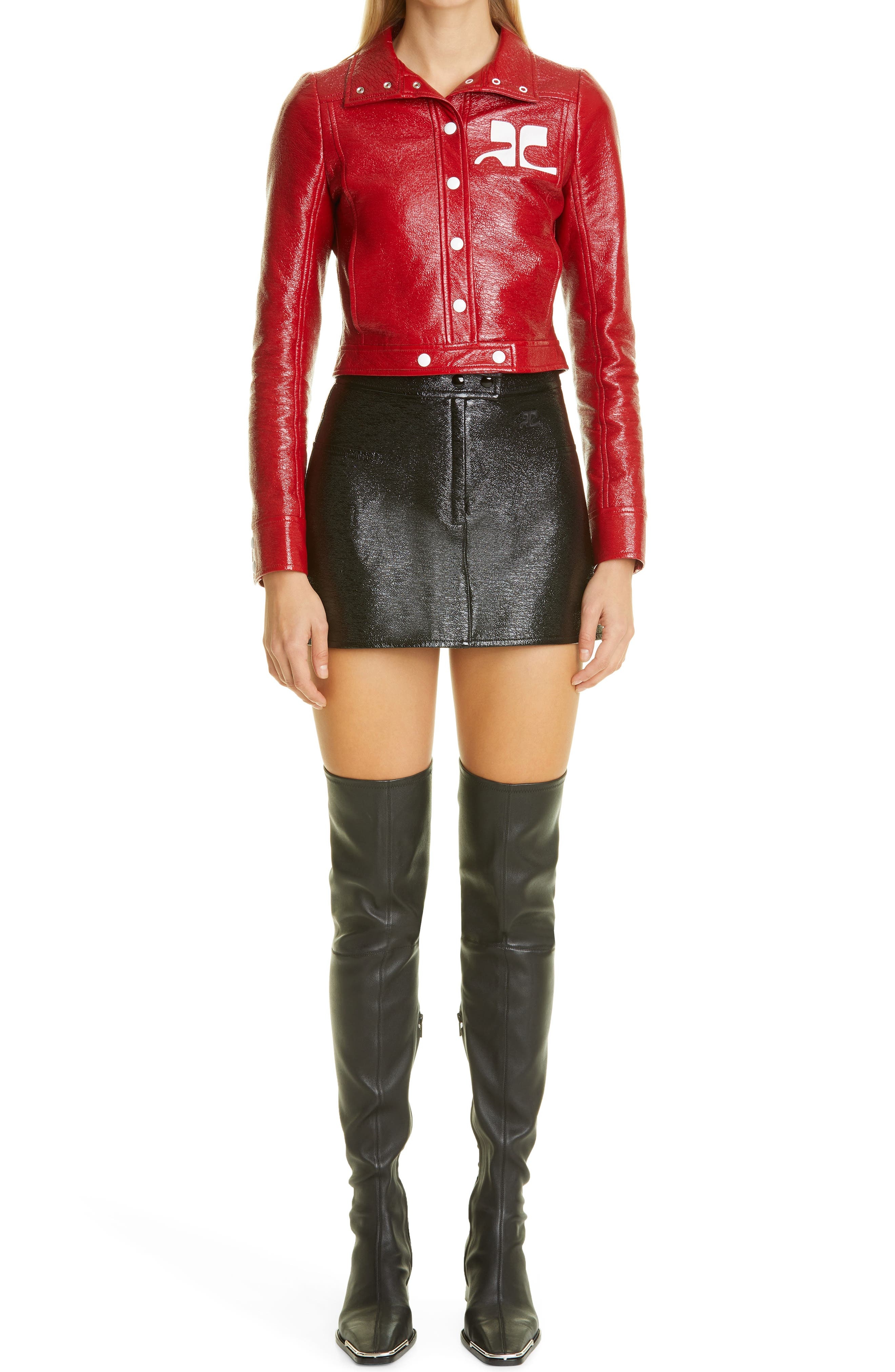 Courrèges Logo Patch Coated Stretch Cotton Crop Jacket in Groseille at Nordstrom - 7