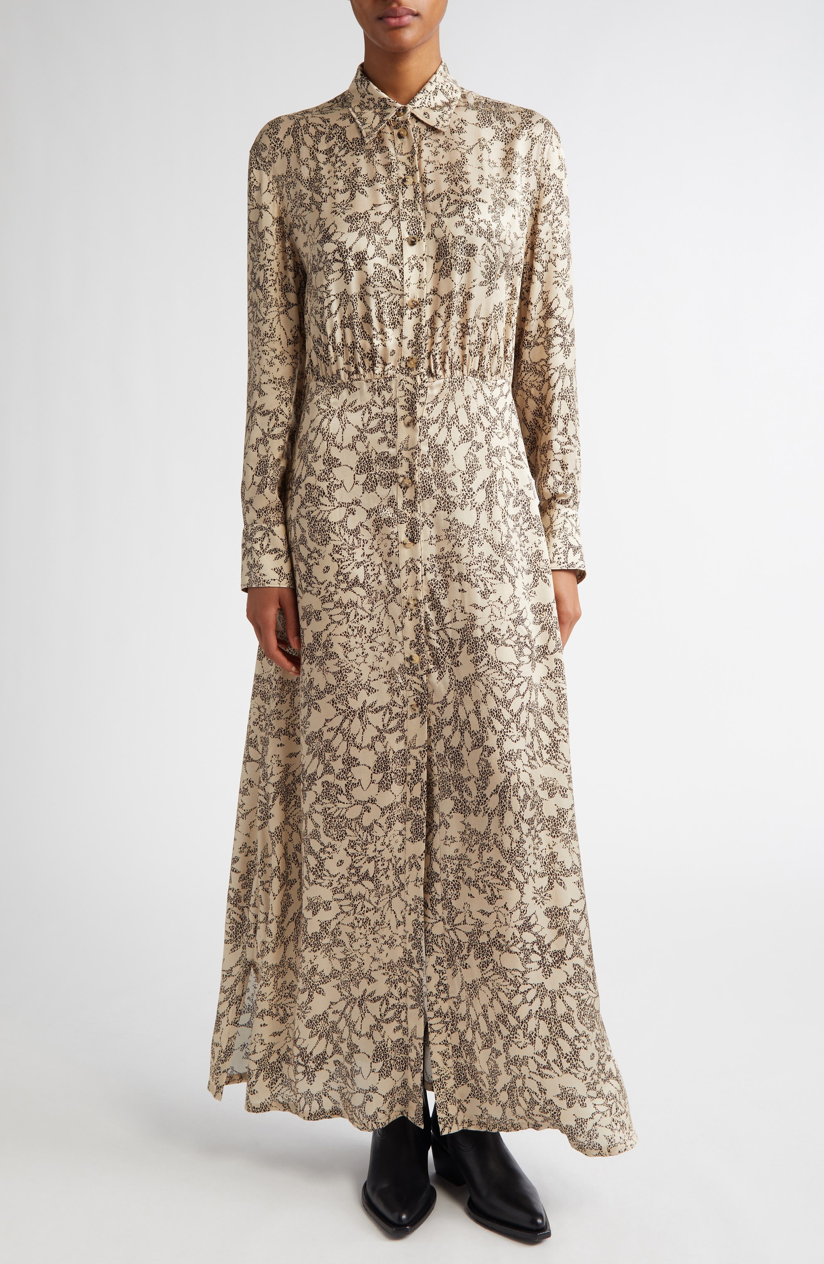 Golden Goose Print Long Sleeve Satin Maxi Shirtdress in Safari/Black at Nordstrom - 1