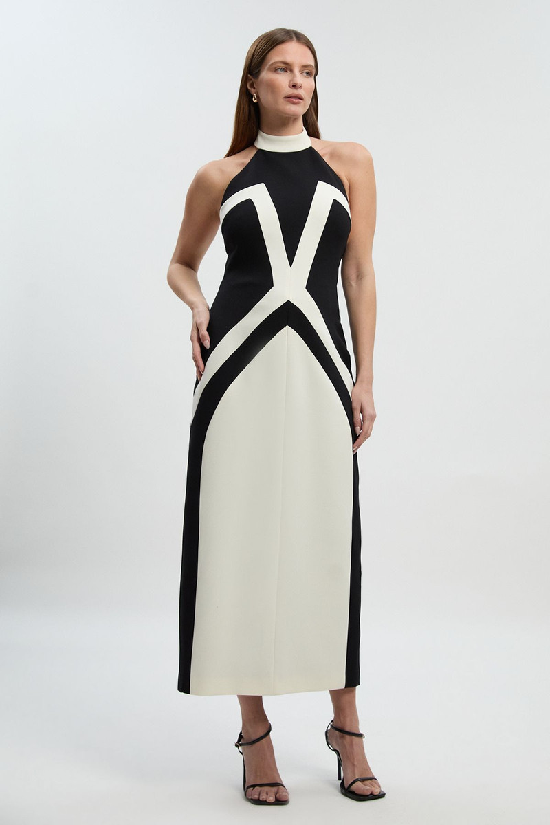 KAREN MILLEN Compact Stretch Colour Block Tailored Halter Neck Midi Dress outlook
