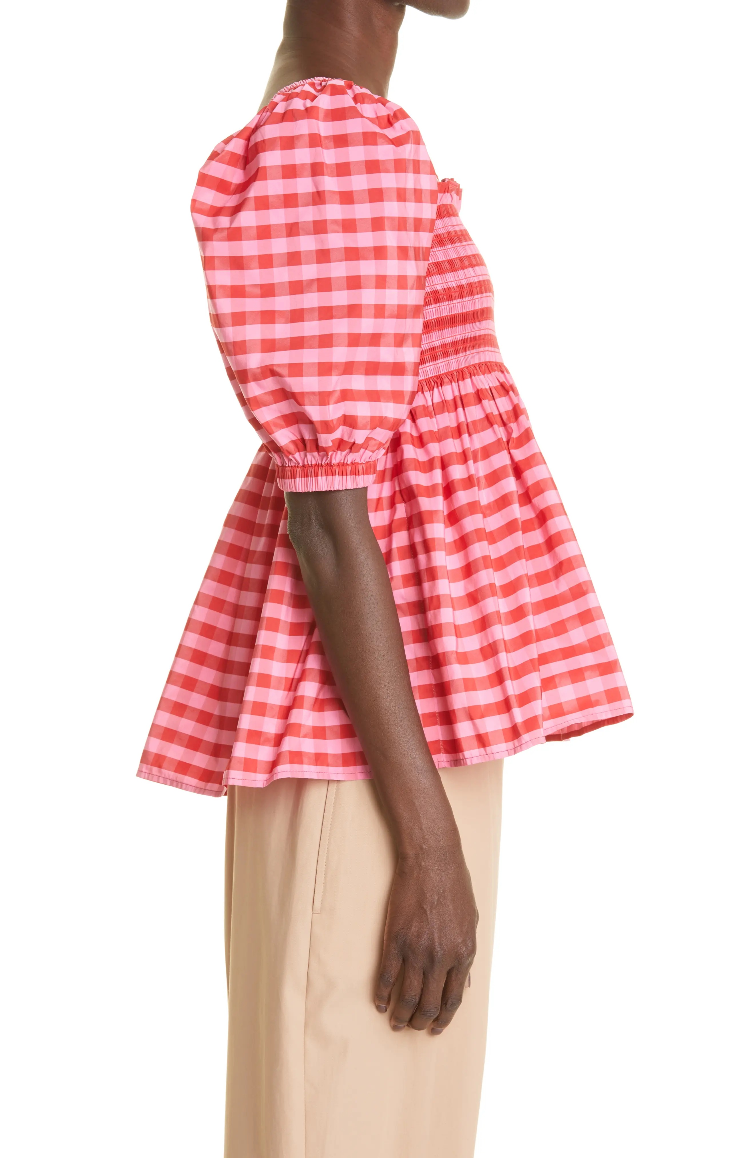 Women's Axel Gingham Smocked Taffeta Top in Pink/Red - 3