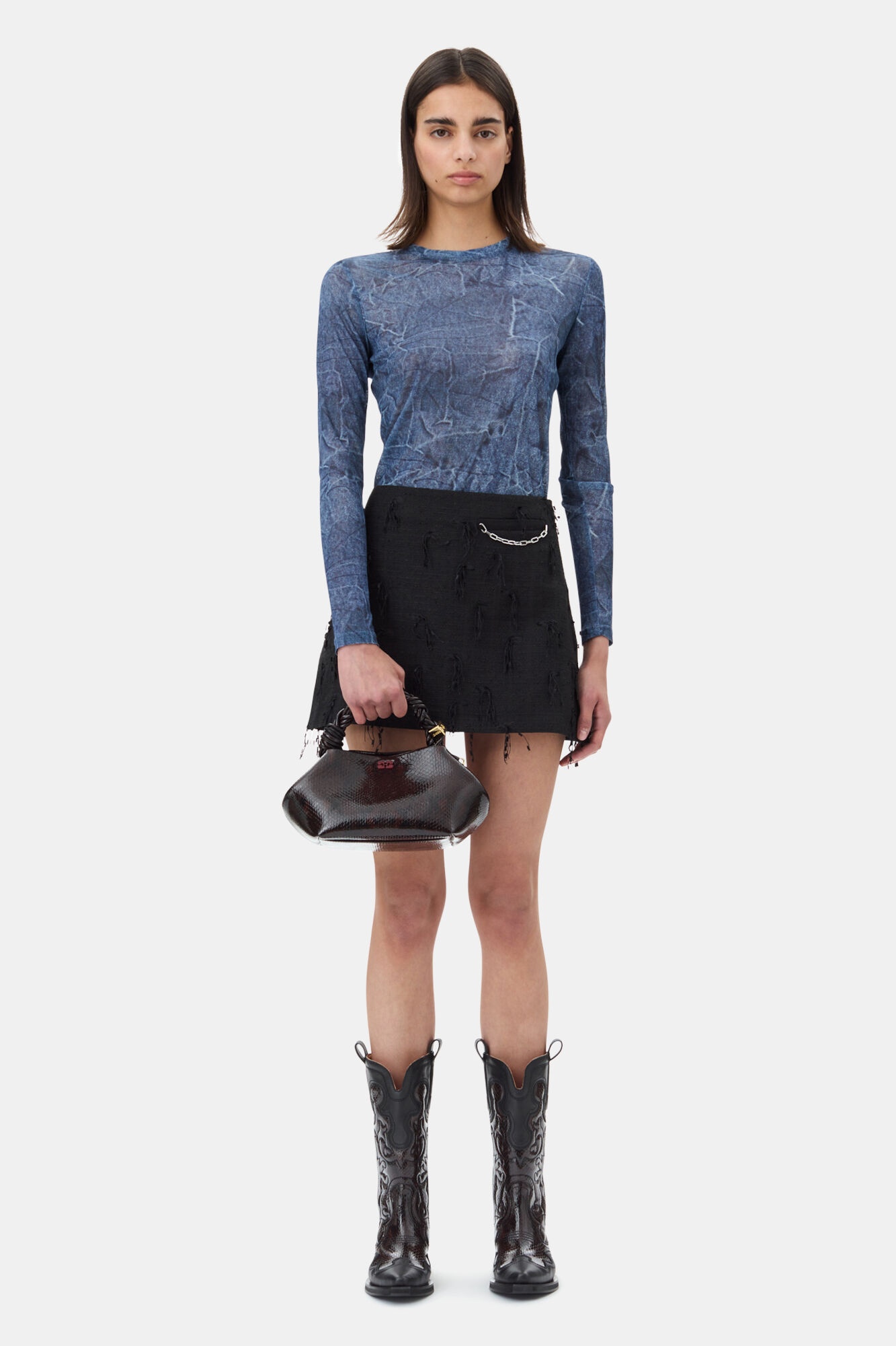 BLUE PRINTED MESH LONG SLEEVE BLOUSE - 3