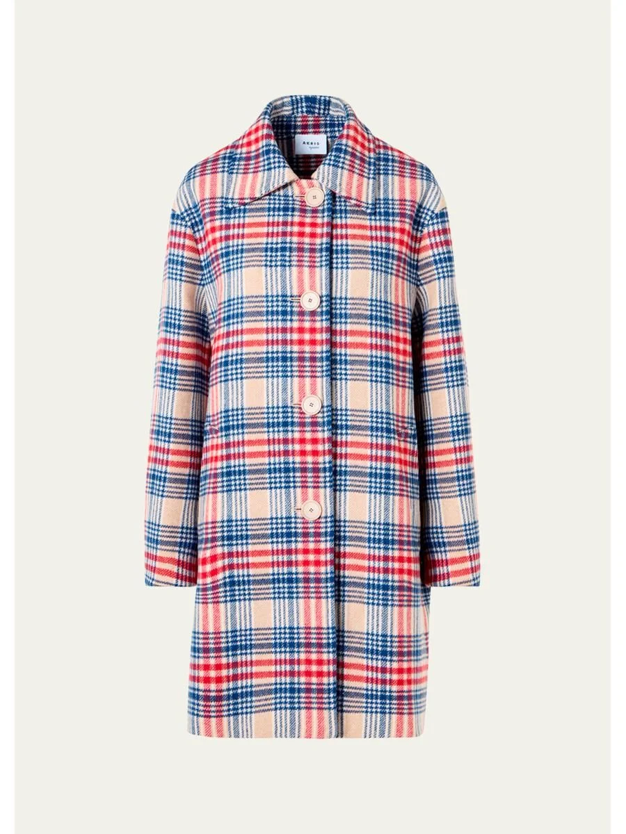 Check Wool Single-Breasted Mid-Length Coat - 1