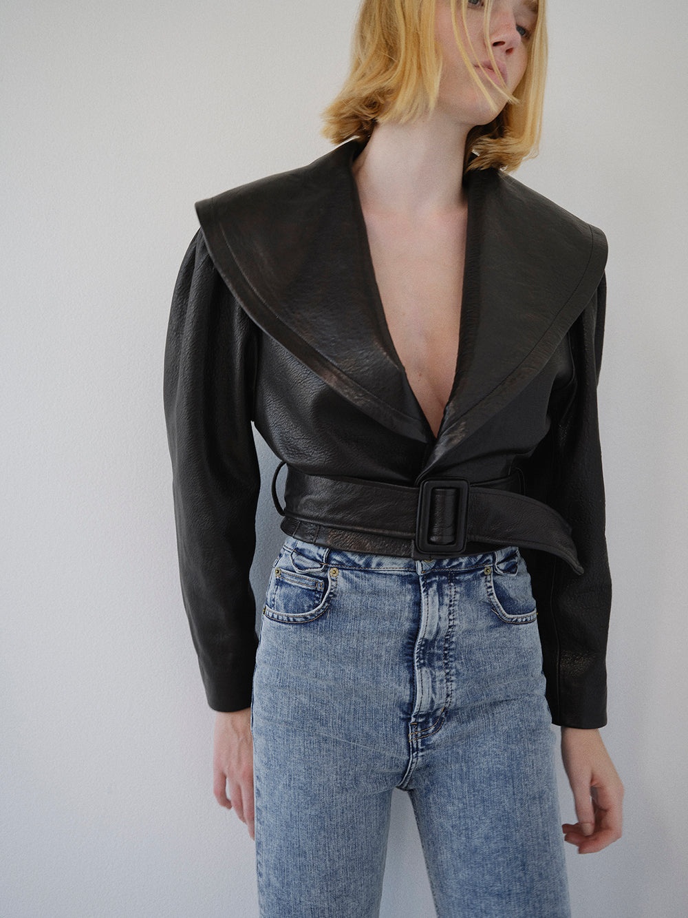 Cropped Belted Leather Jacket in Black - 2