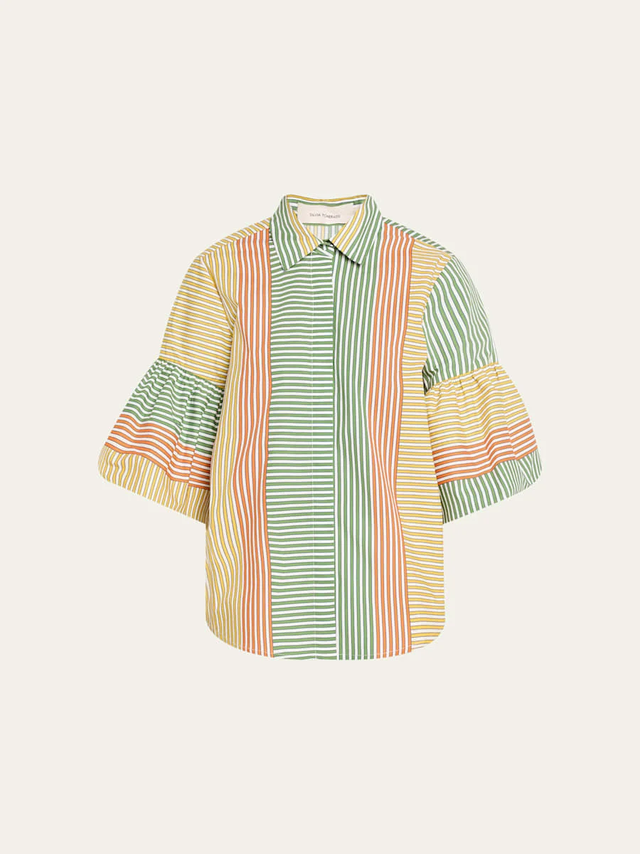 Helina Multi-Striped Puff-Sleeve Button-Down Top - 1