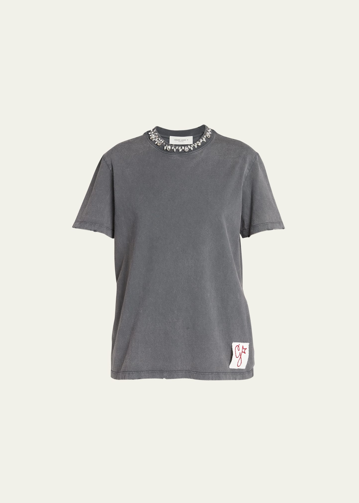 Distressed Crystal Emrboidered Crewneck Tee - 1