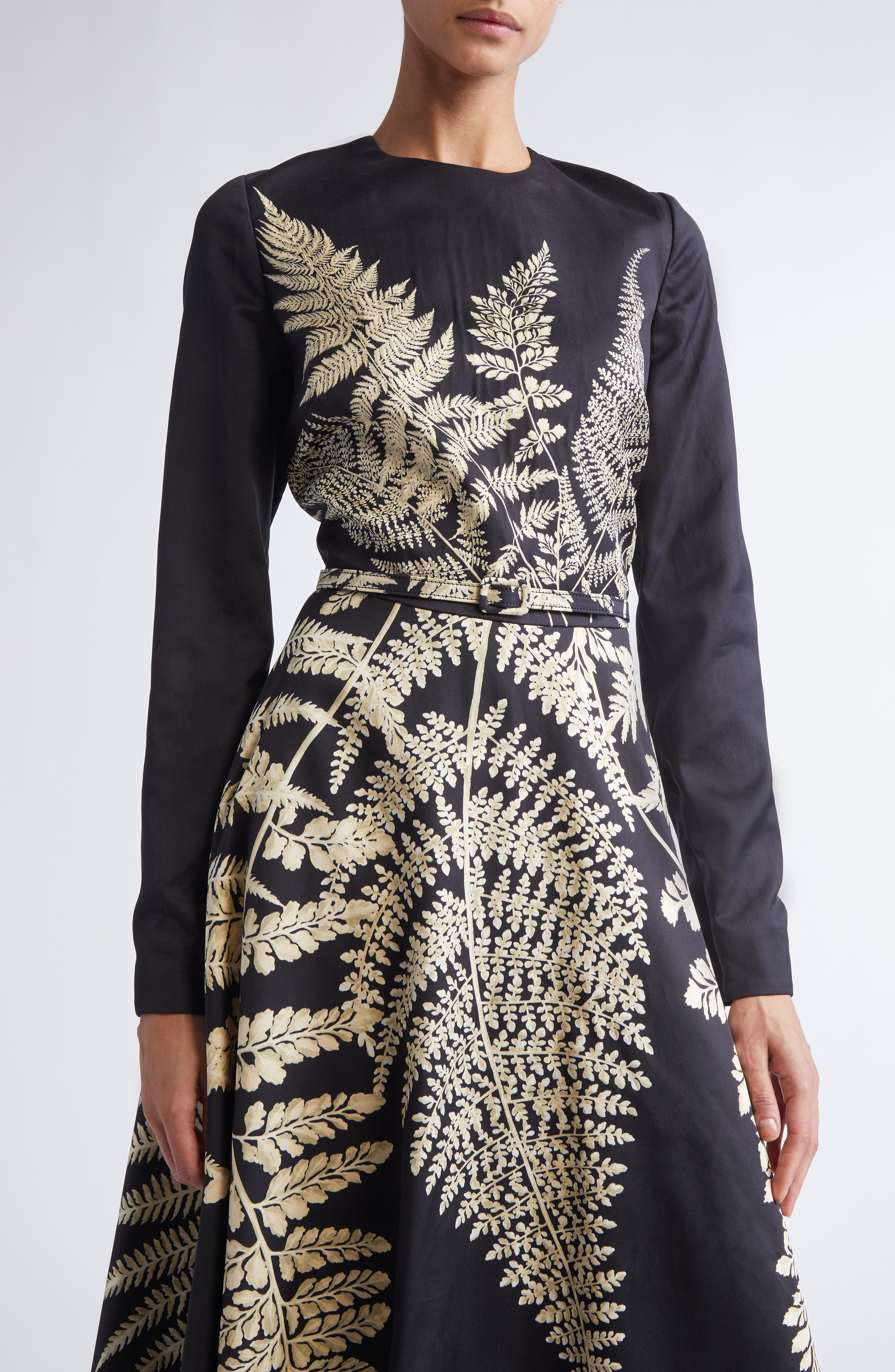 Oscar de la Renta Fern Print Belted Long Sleeve Cocktail Dress in Black/Ecru at Nordstrom - 4
