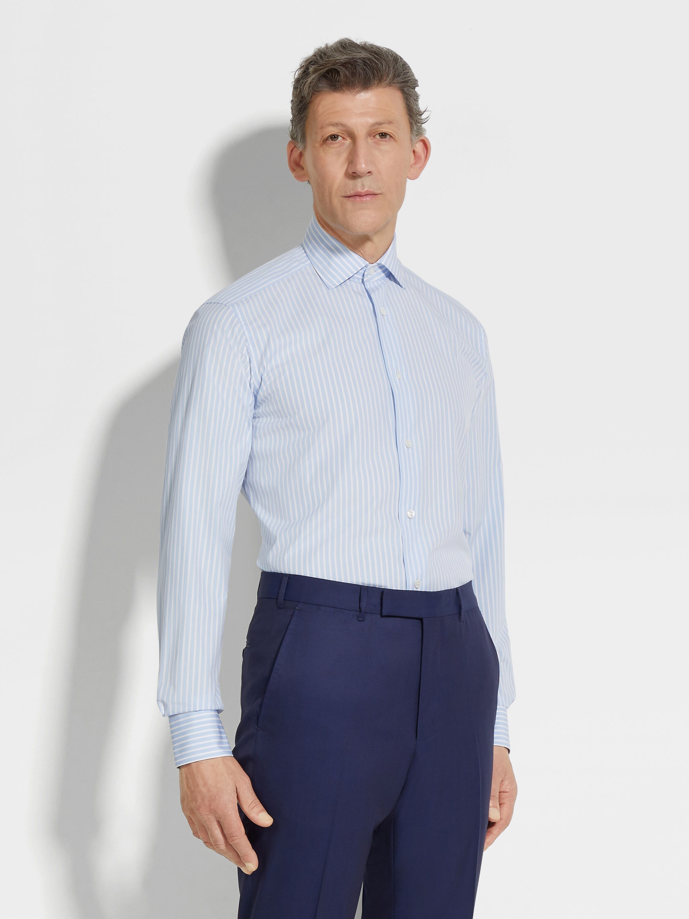 LIGHT BLUE AND WHITE MACRO-STRIPED CENTOVENTIMILA COTTON SHIRT - 3
