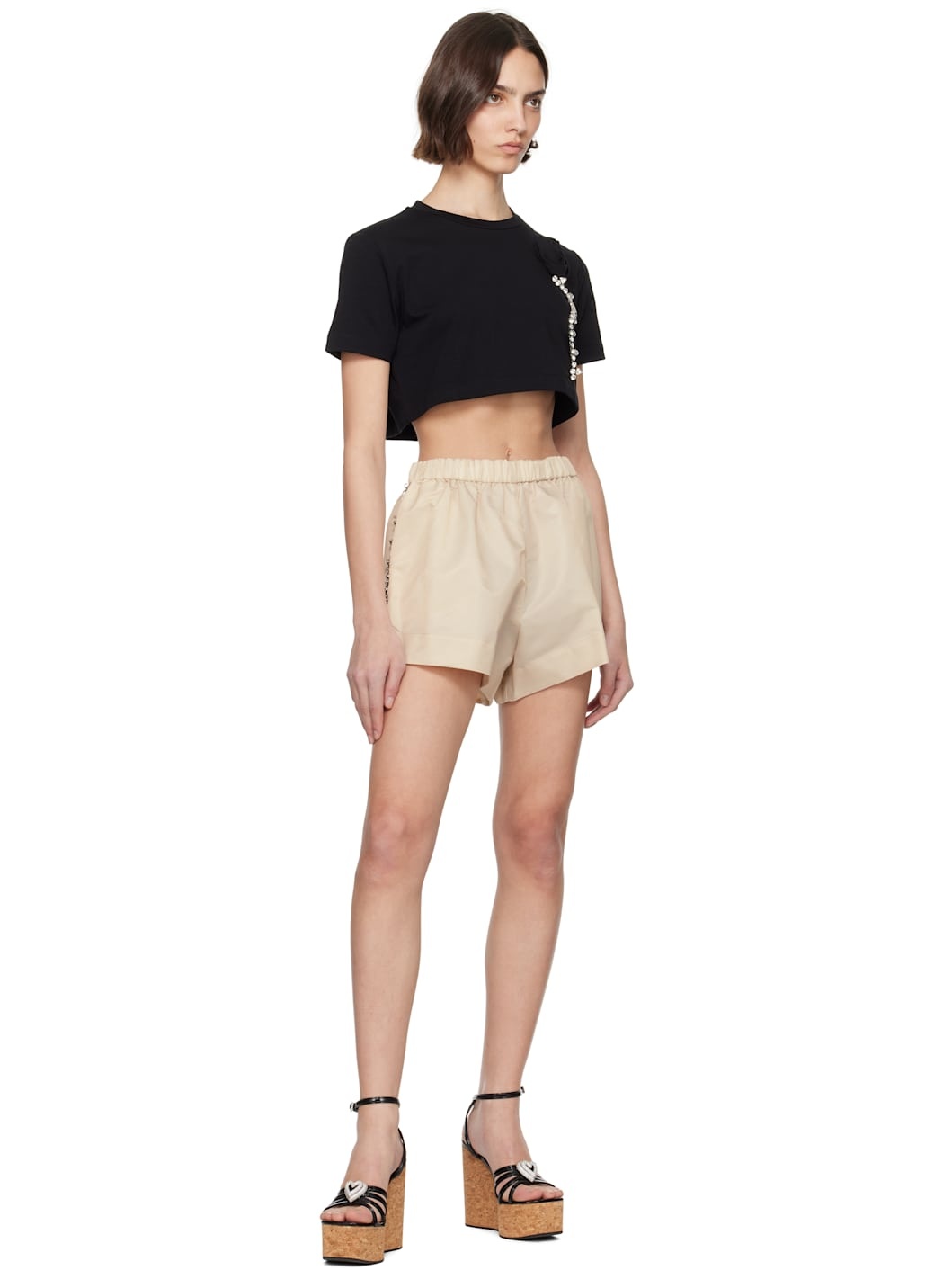 Black Crystal Rosette Cropped T-shirt - 4