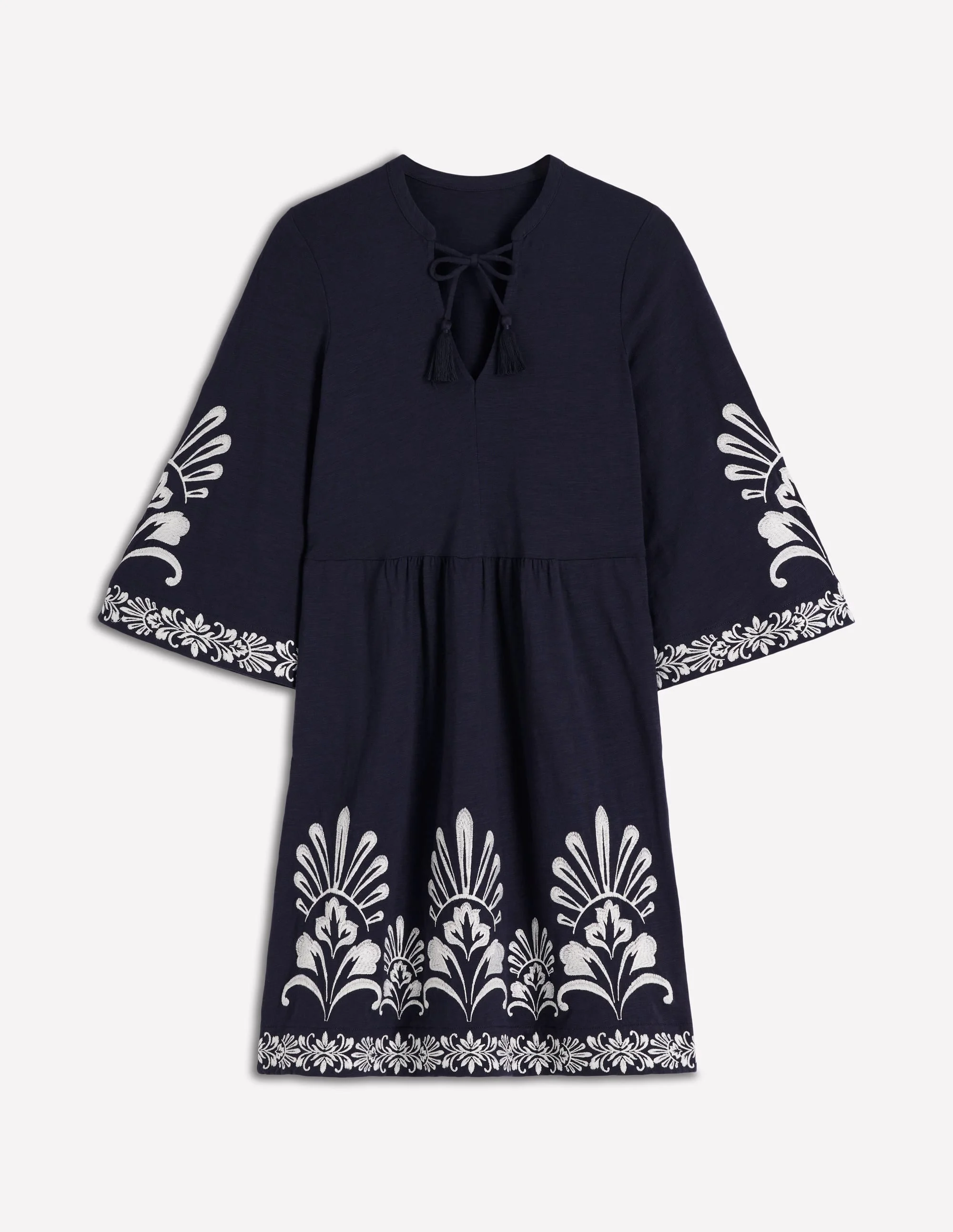 Short Kaftan Jersey Dress-Navy Embroidered - 1