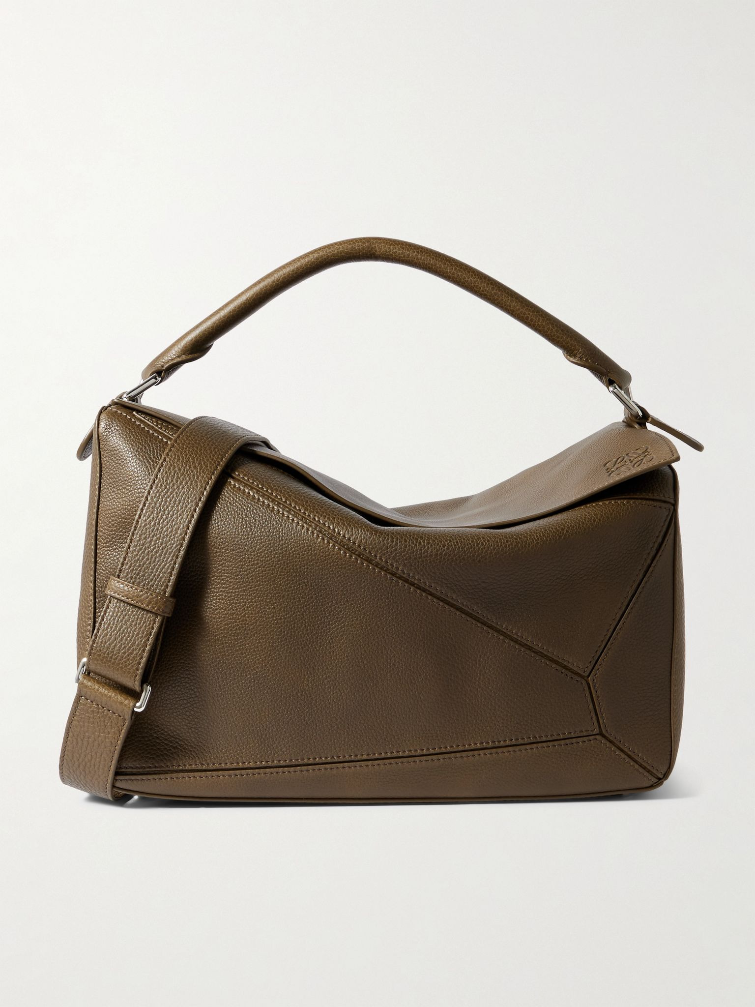 Puzzle Edge Large Logo-Debossed Full-Grain Leather Messenger Bag Beige - 1