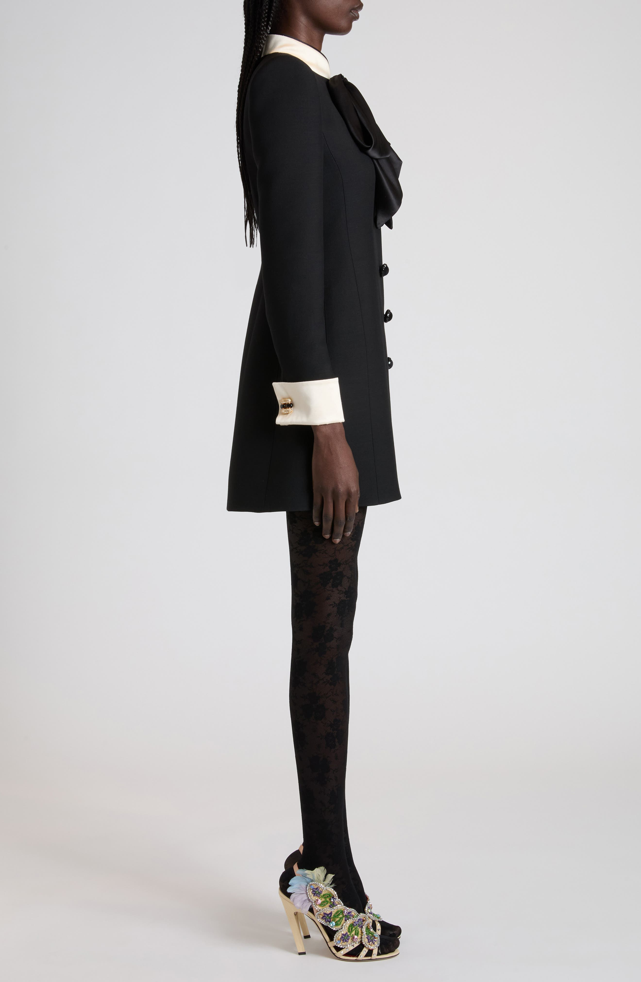 Valentino Bow Detail Long Sleeve Crepe Couture Minidress in Black/Cream at Nordstrom - 3