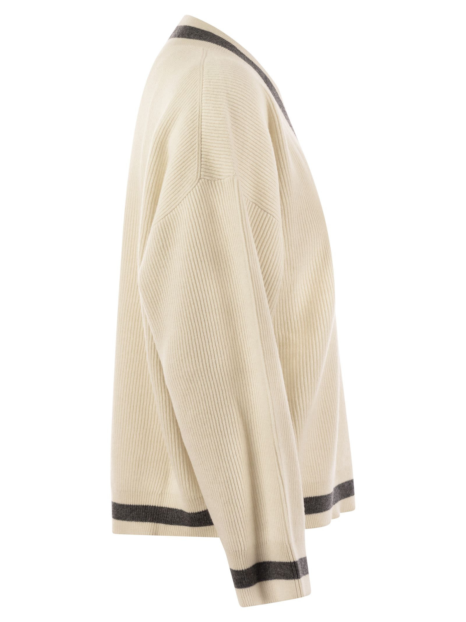 Brunello Cucinelli Women Ribbed Cashmere Sweater With Contrasting Stripe - 3