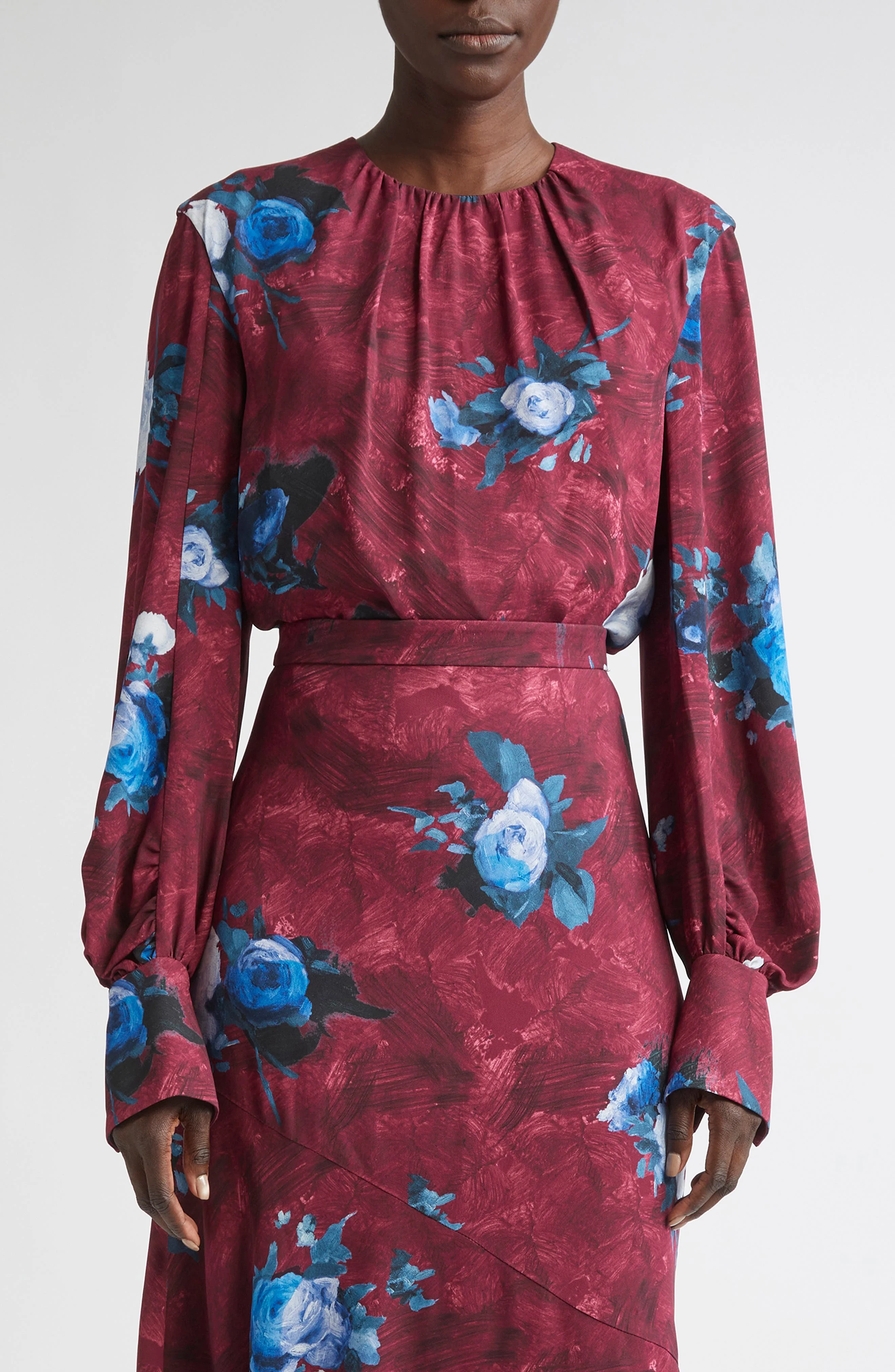 Erdem Abstract Rose Print Long Sleeve Top in Abstract Rose Mulberry Red at Nordstrom - 1