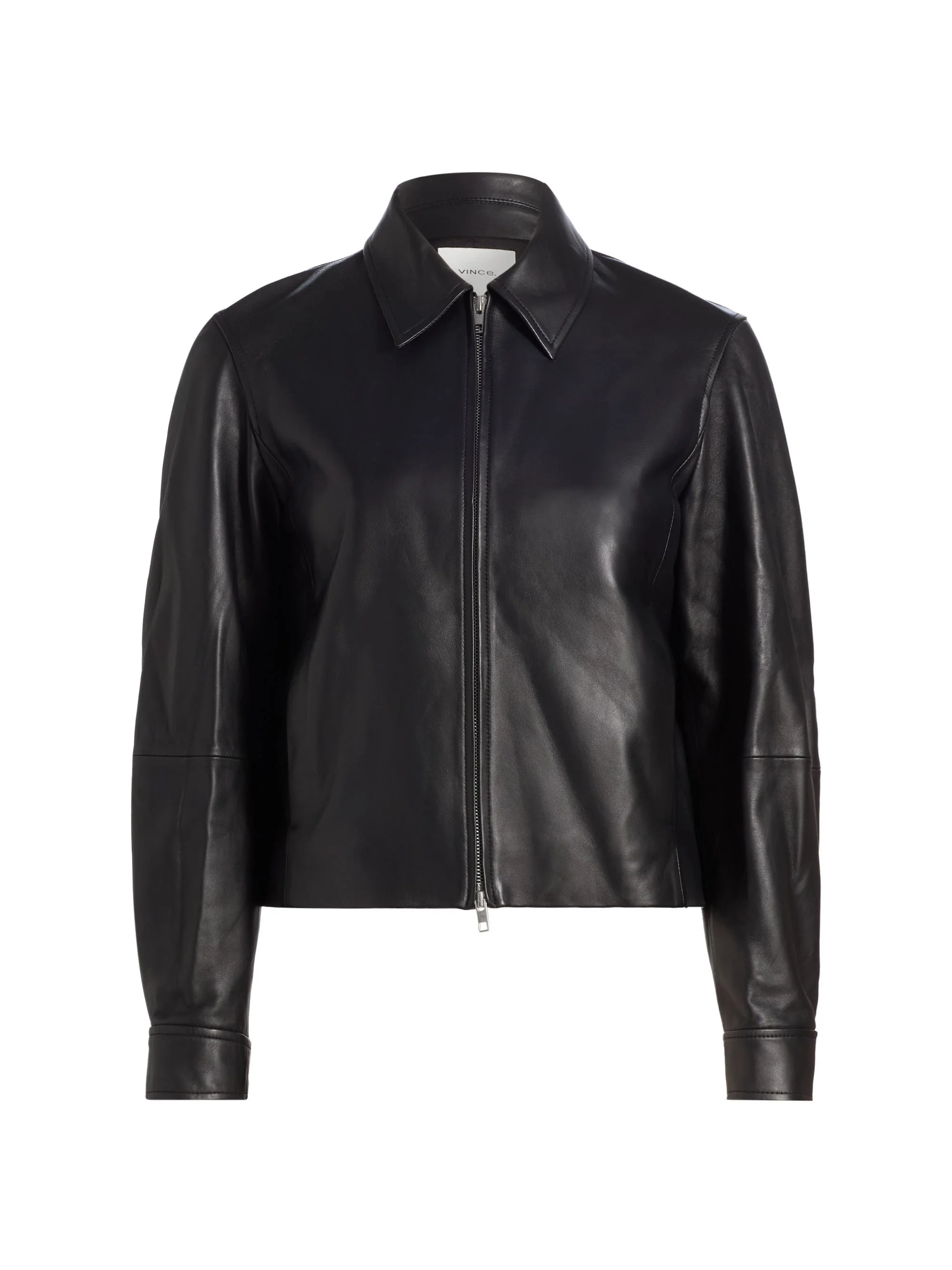 Women's Leather Zip-Front Crop Jacket - Black - 1