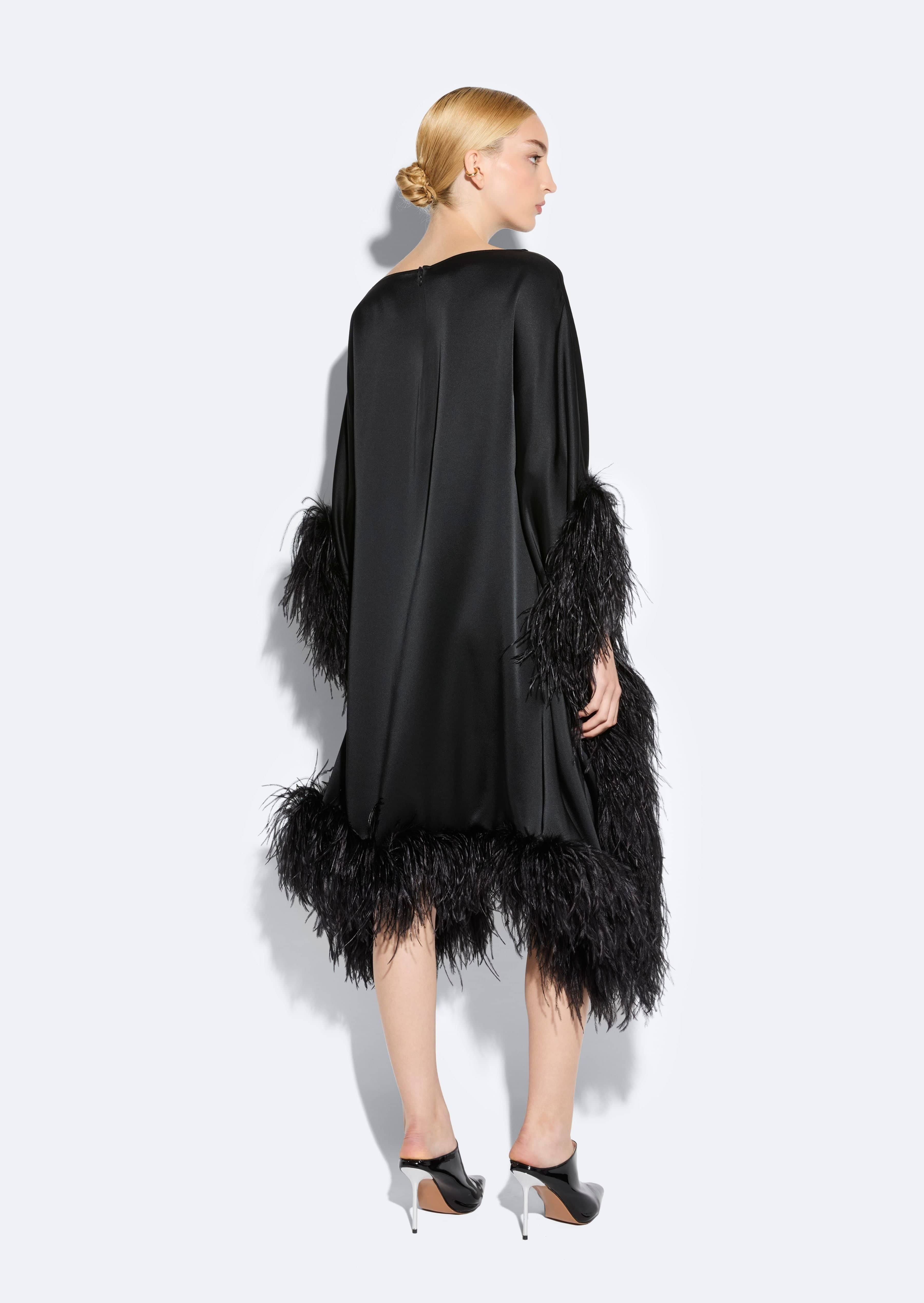 Satin Cape Dress With Feathers - 3