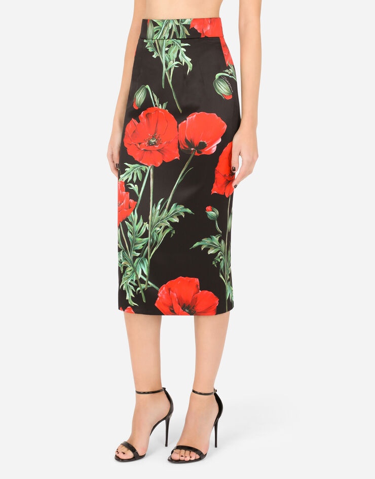 Poppy-print satin pencil skirt - 4