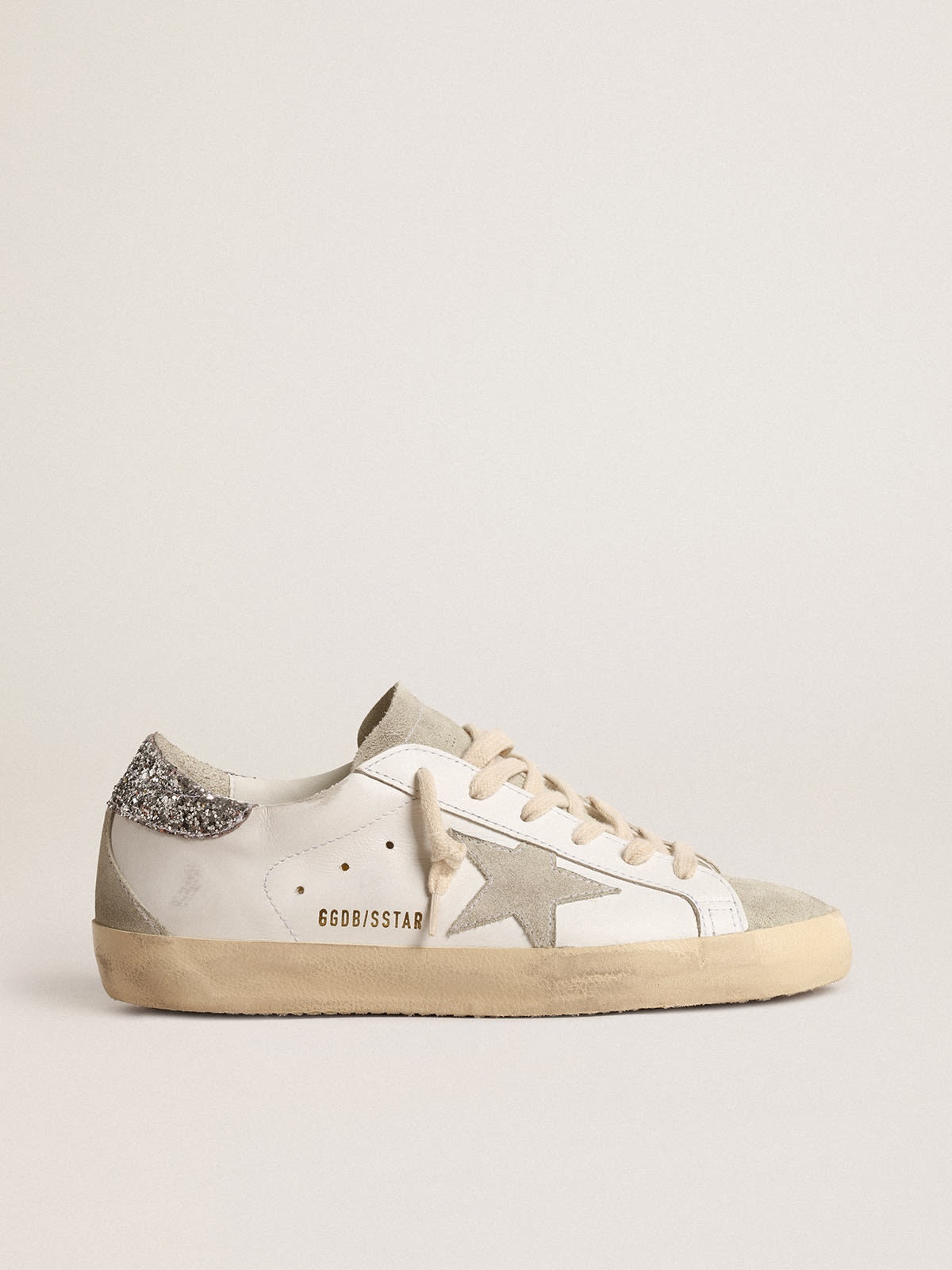 Golden Goose Super-Star with gray star and silver glitter