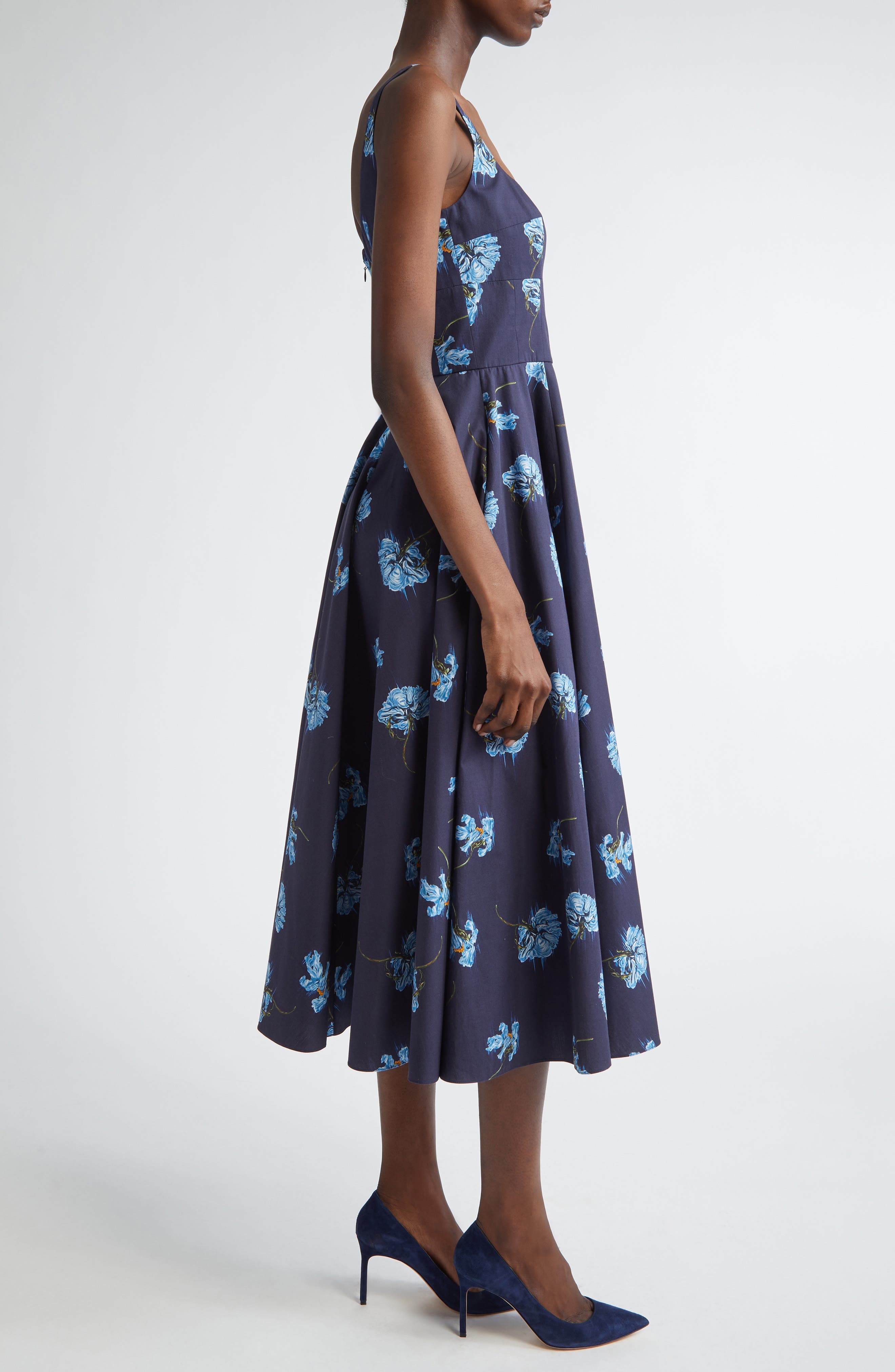 Emilia Wickstead Mona Floral Cotton Poplin Midi Sundress in Blue Flowers On Navy at Nordstrom - 3
