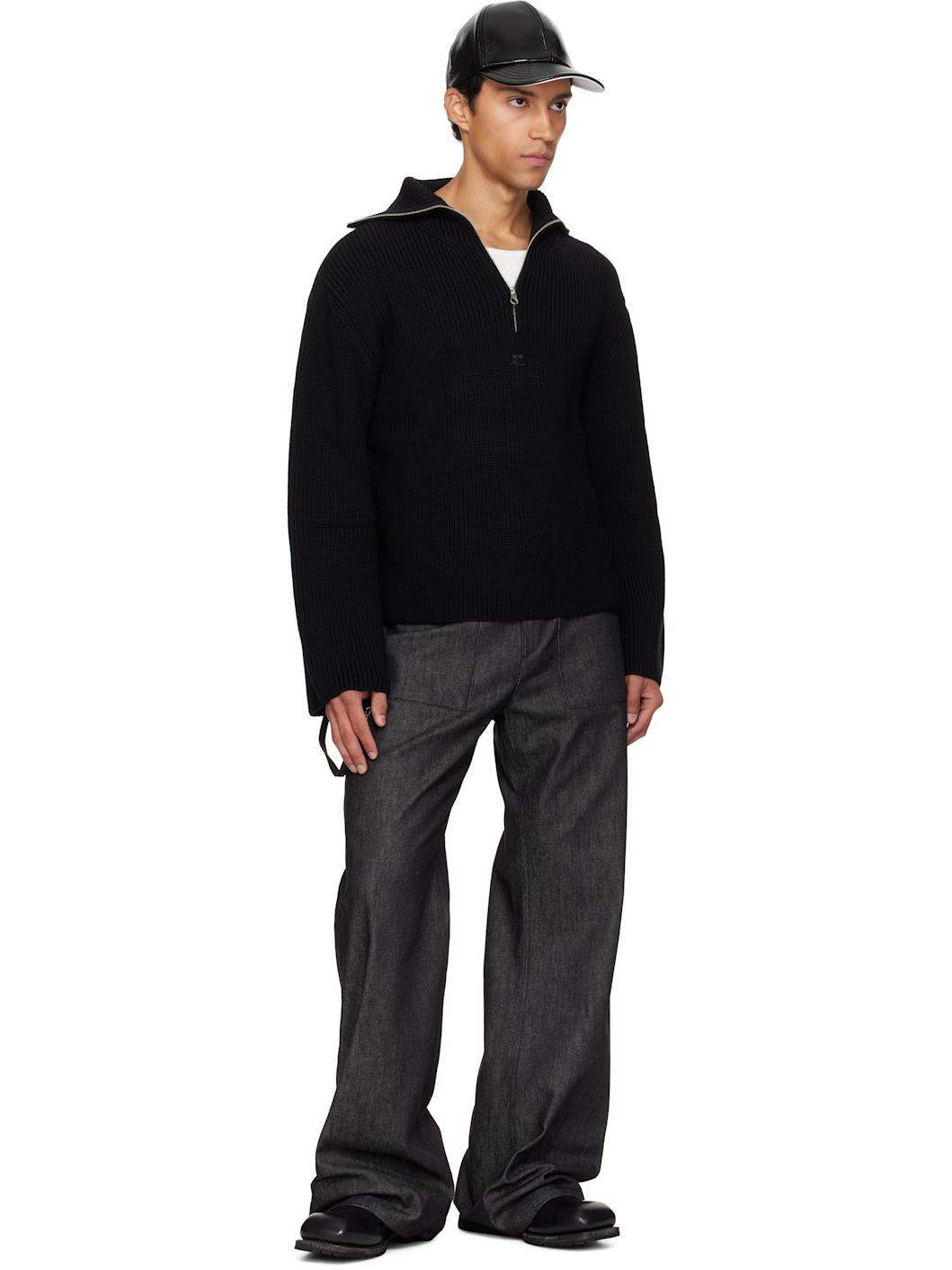 Black Ribbed Wool Trucker Sweater - 4
