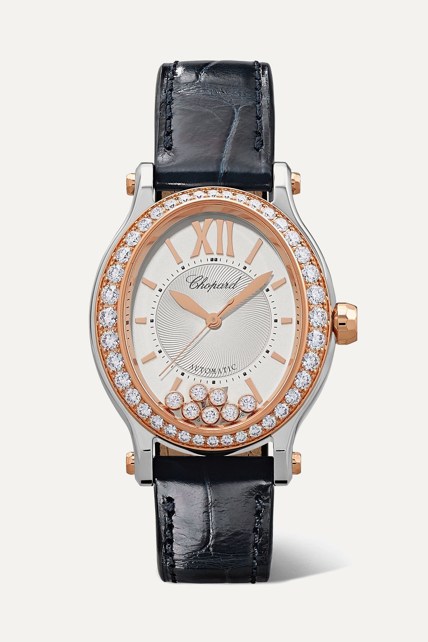 Happy Sport Oval 29mm 18-karat rose gold, stainless steel, alligator and diamond watch - 1