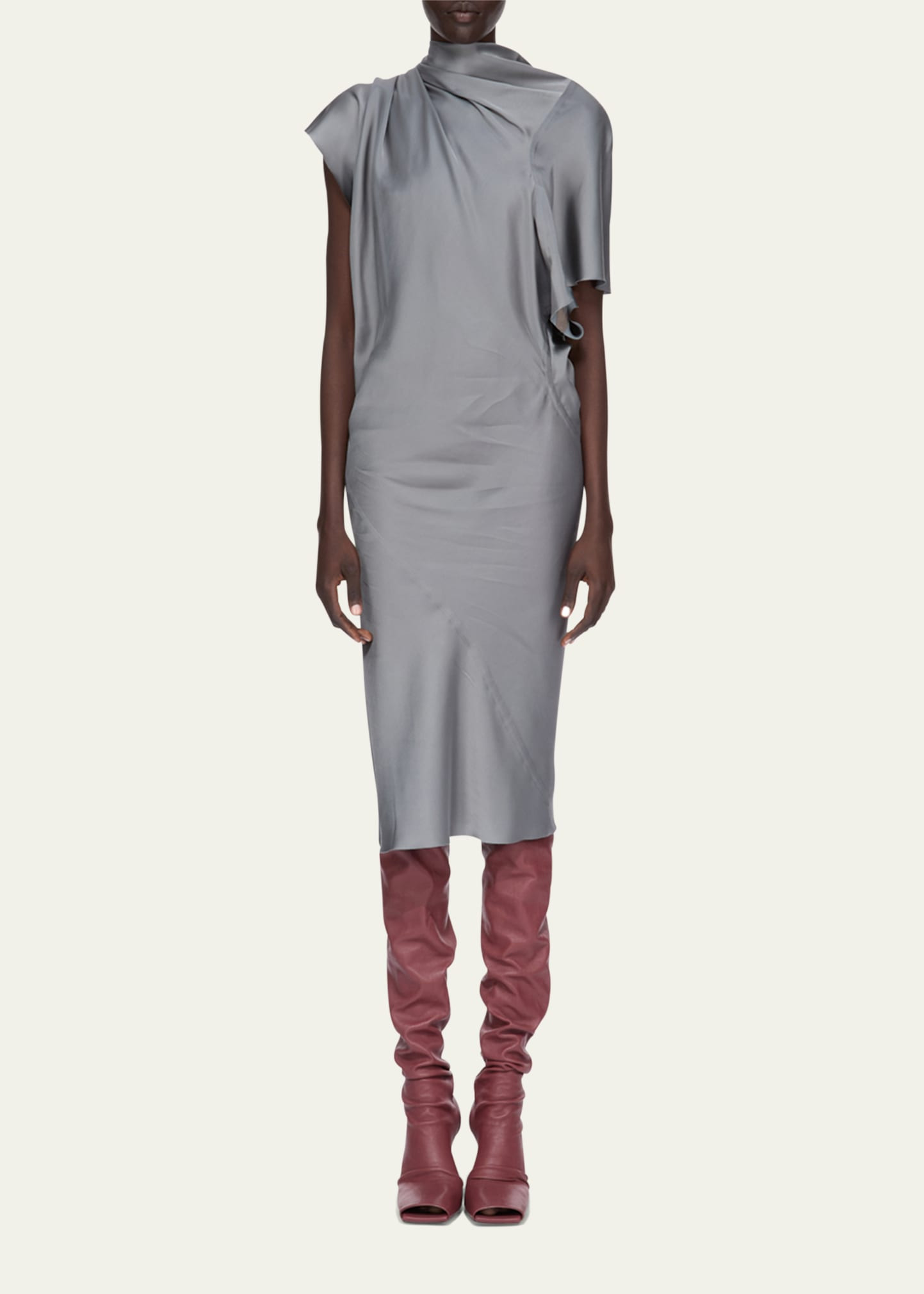 Short-Sleeve Draped Satin Midi Dress - 2
