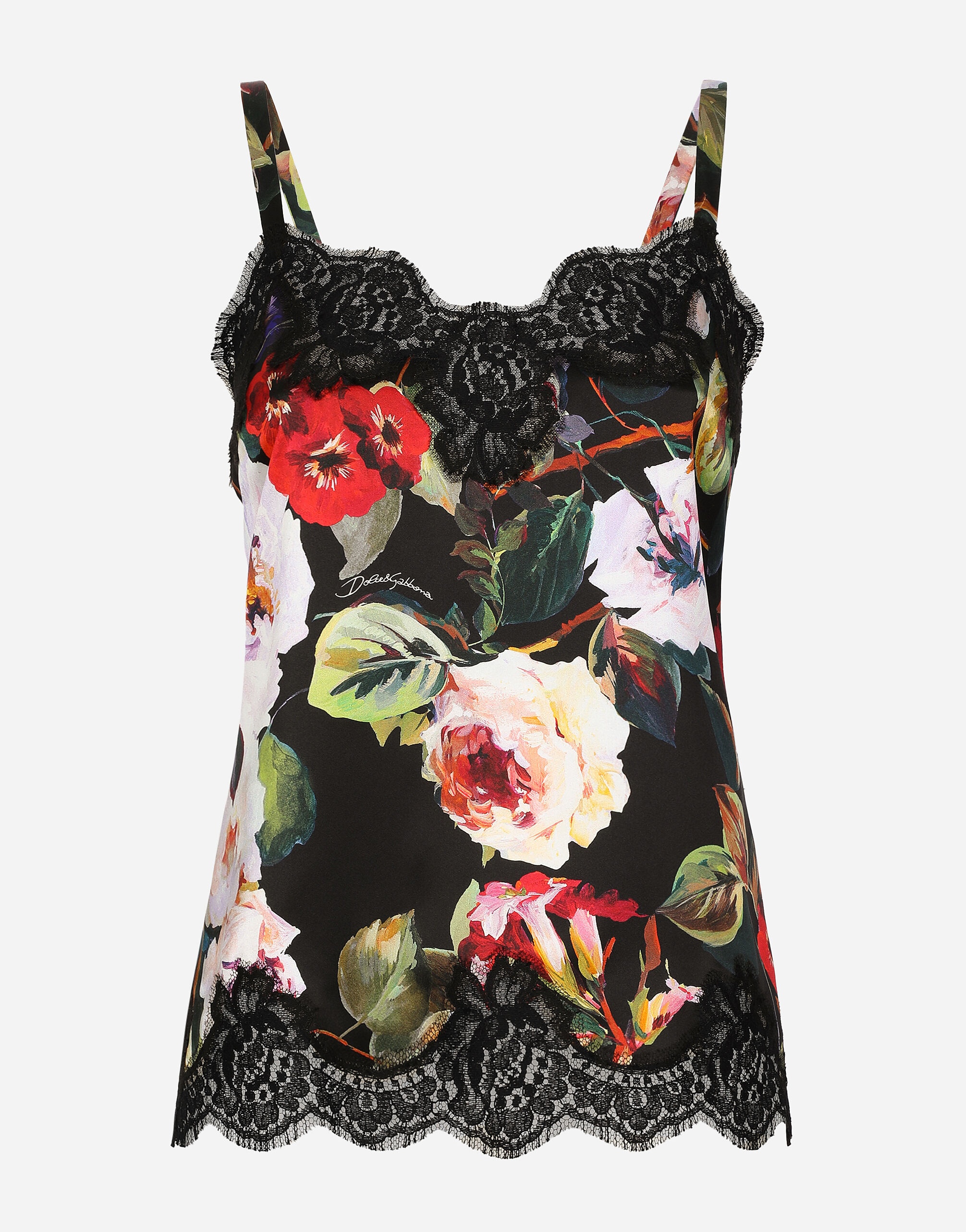 Satin lingerie-style top with rose garden print and lace detailing - 1
