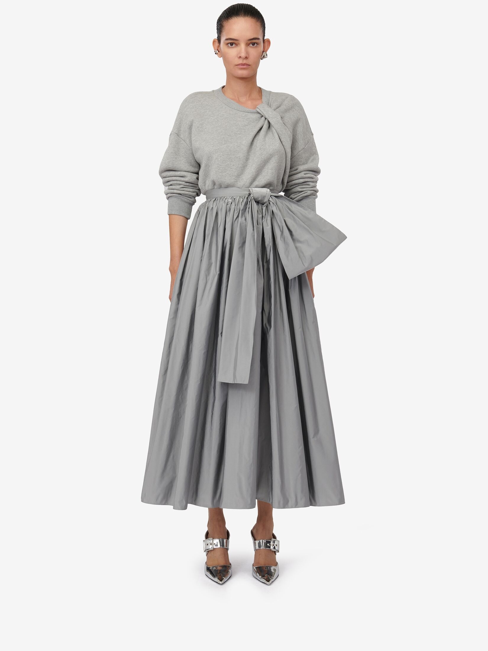 Women's Bow Detail Gathered Midi Skirt in Silver - 2