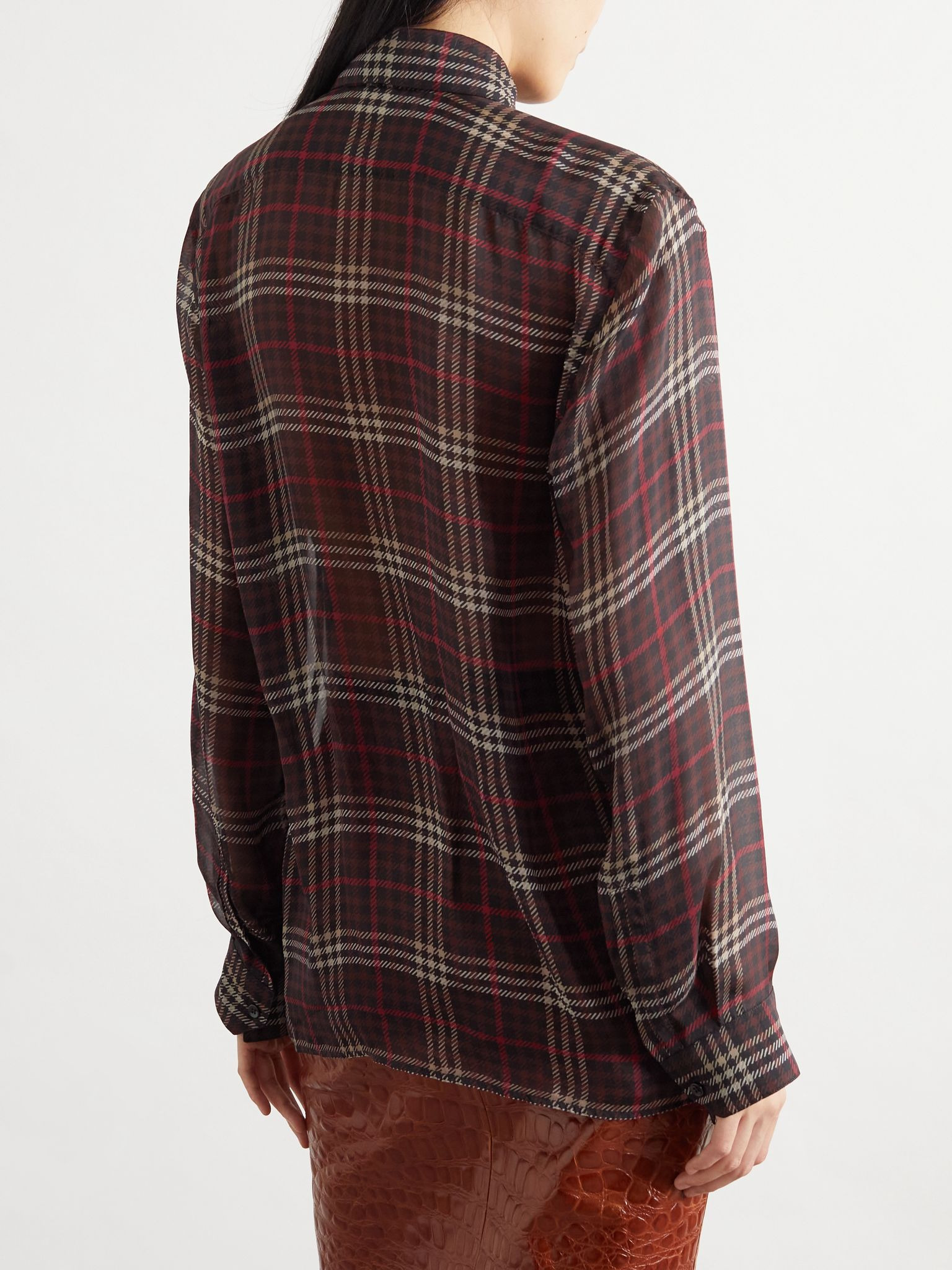Pussy-bow checked silk-chiffon shirt Burgundy - 4