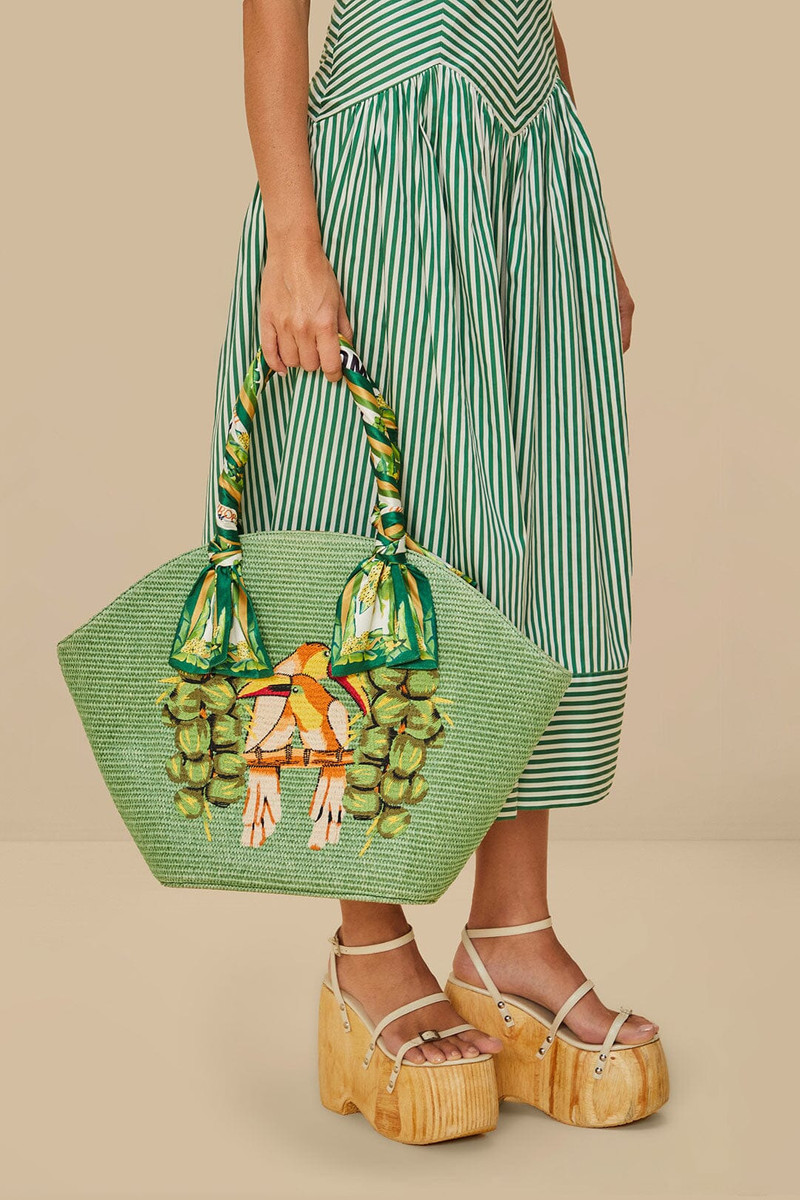 Green Coconut Toucan Raffia Shell Tote 6