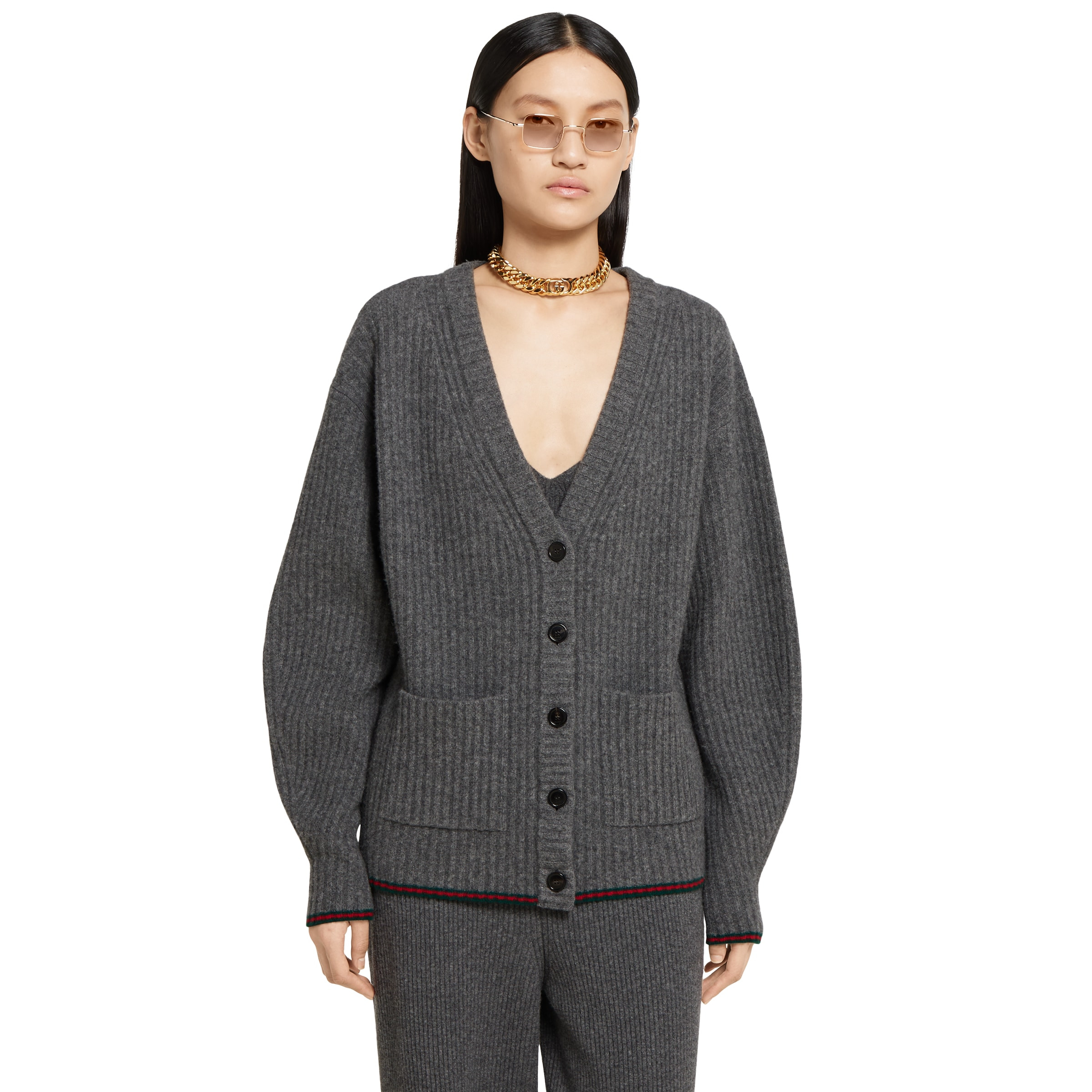 Rib felted wool cardigan with Web - 3