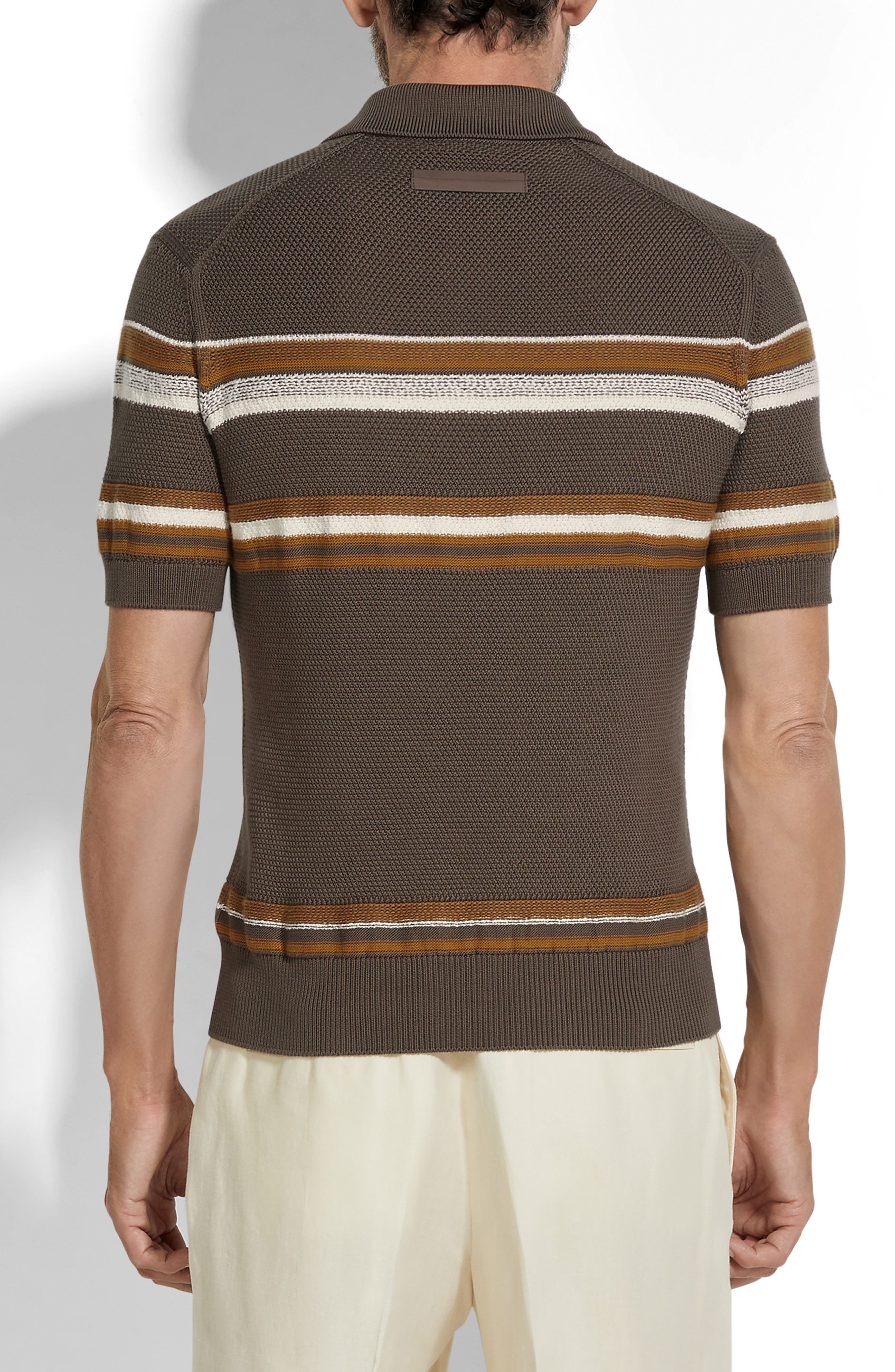 ZEGNA Stripe Cotton & Silk Polo Sweater in Dark Beige Stripe at Nordstrom - 2