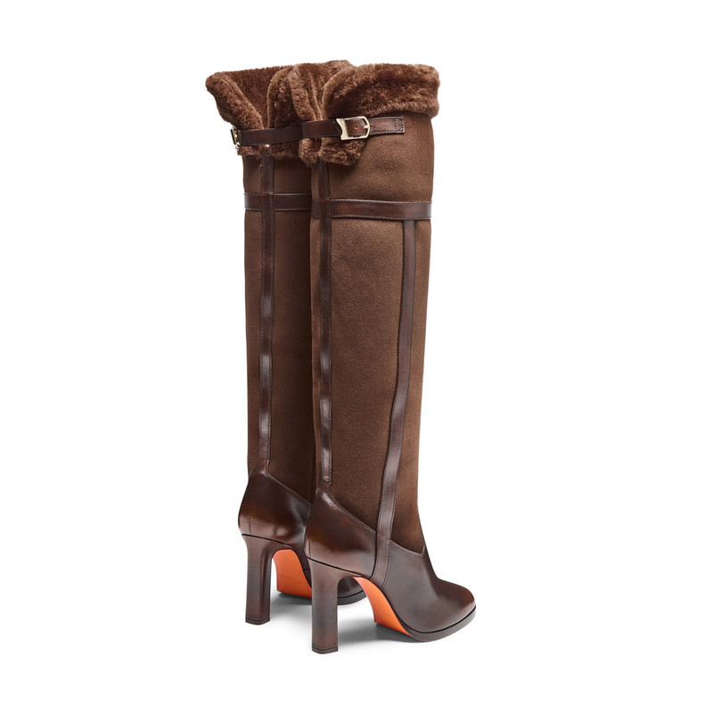 Women's dark brown leather and shearling high-heel boot 5