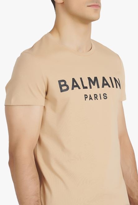 Nude eco-designed cotton T-shirt with black Balmain Paris logo print - 6