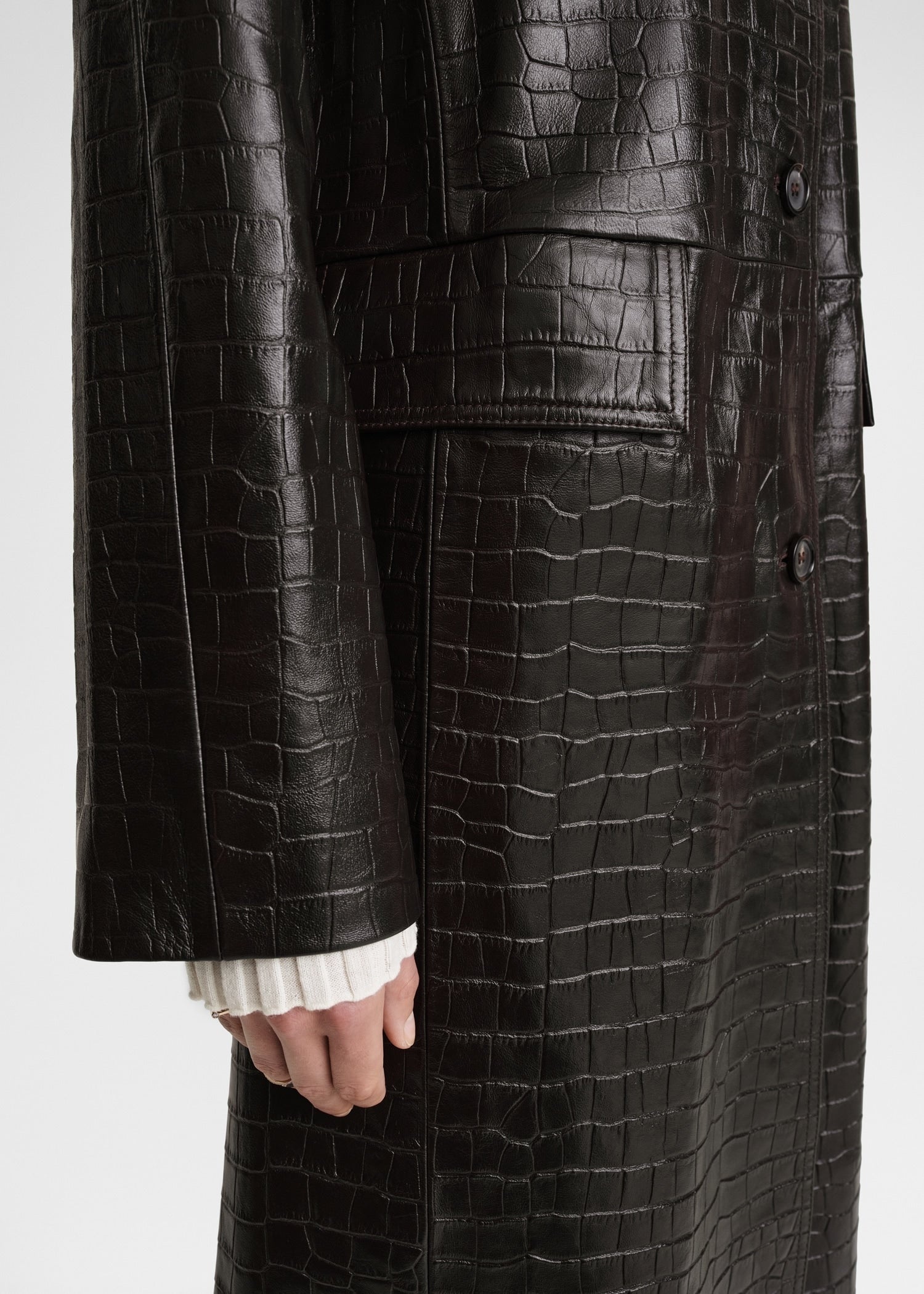 Raglan-sleeve croco embossed coat dark brown - 5