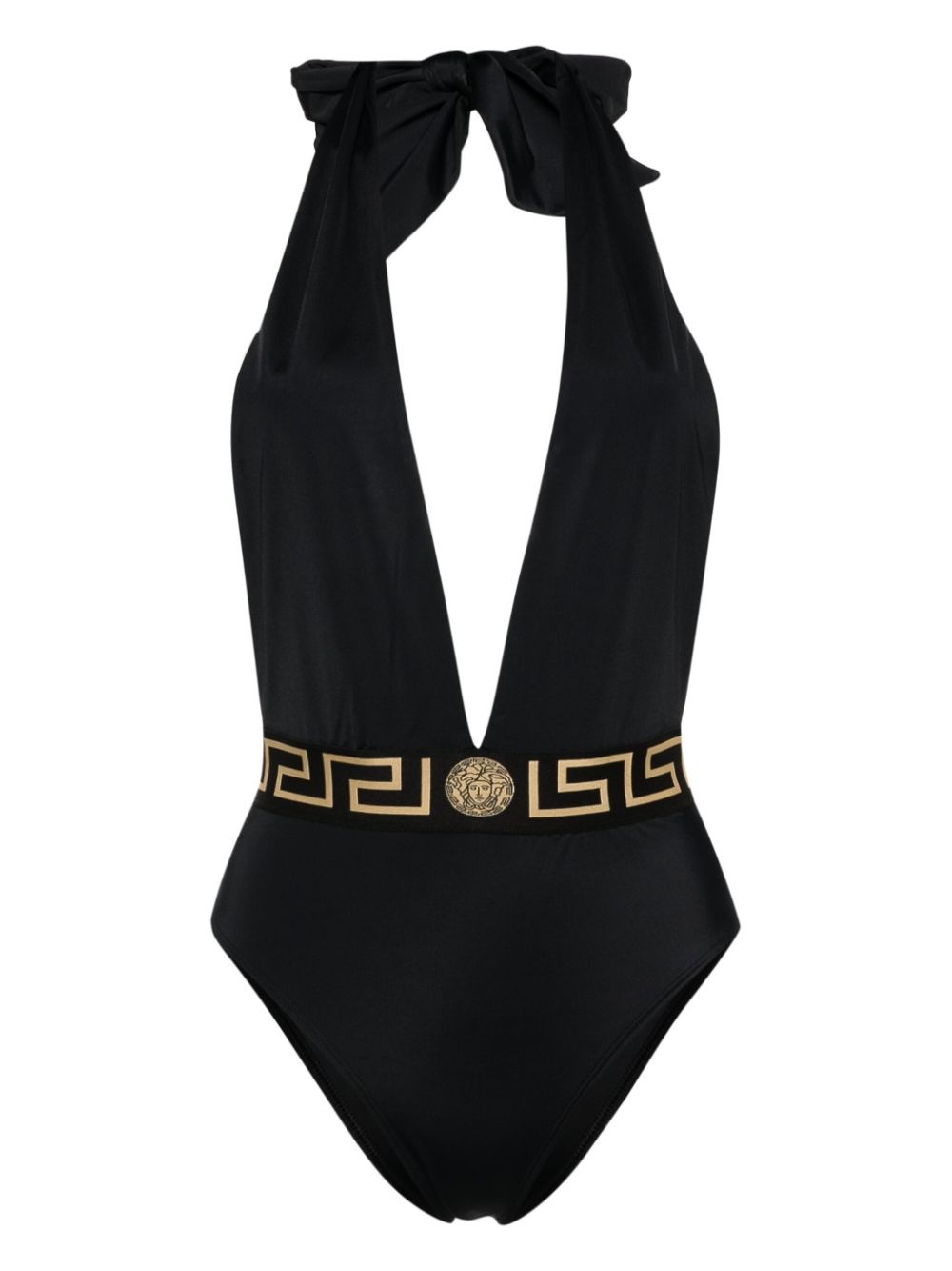 Greca-waistband V-neck swimsuit - 1