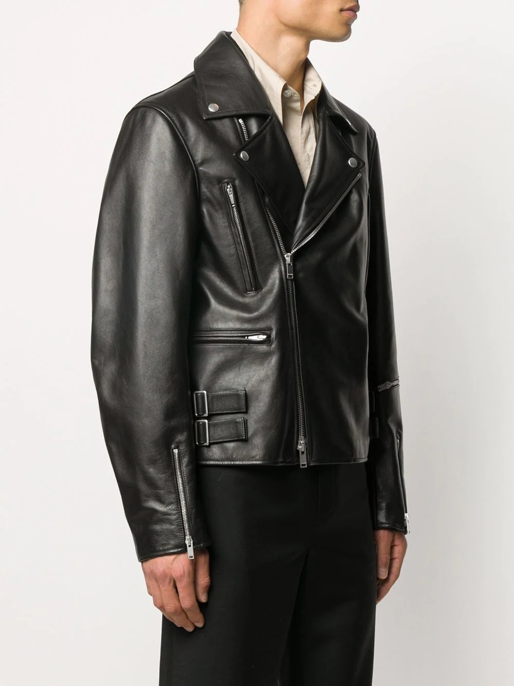 zipped leather biker jacket - 3