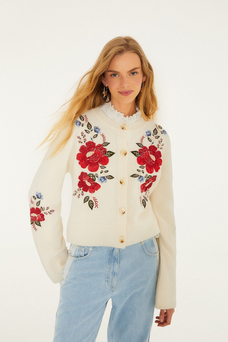 Cream Embroidered Flowers Buttoned Knit Cardigan 1