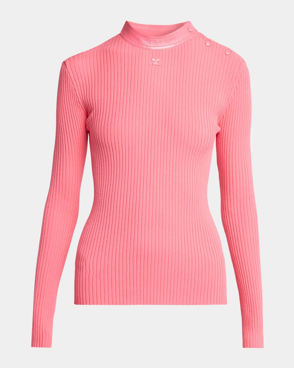 Vinyl Collar Ribbed Button-Shoulder Long-Sleeve Top - 1