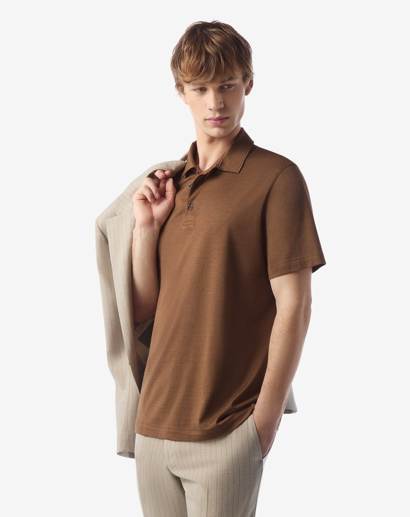 CORNELIANI Burned earth button-up luxury jersey polo shirt outlook