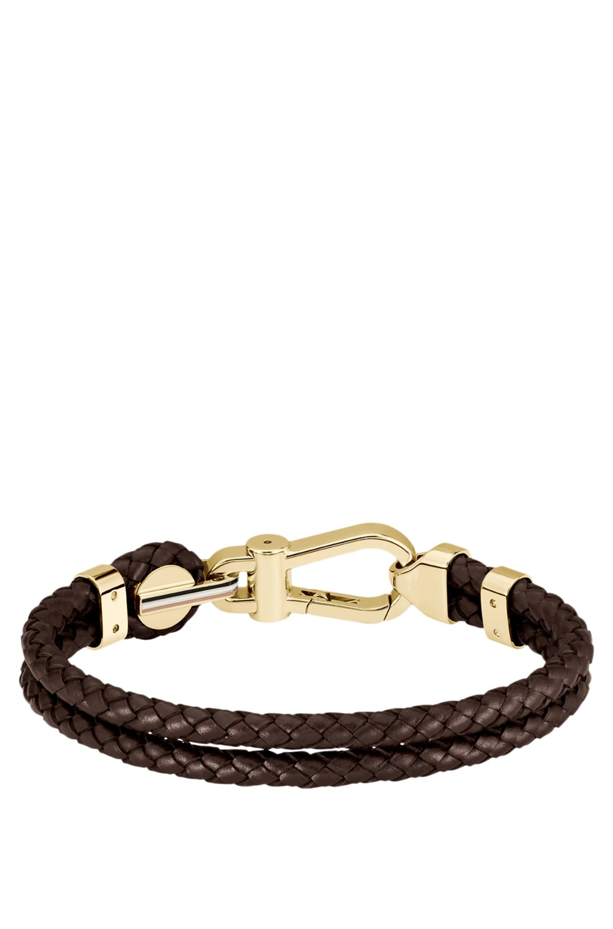 BROWN BRAIDED-LEATHER CUFF WITH GOLD-TONE CARABINER CLOSURE - 2