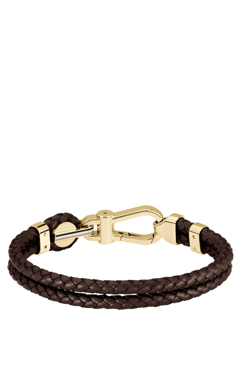BOSS BROWN BRAIDED-LEATHER CUFF WITH GOLD-TONE CARABINER CLOSURE outlook