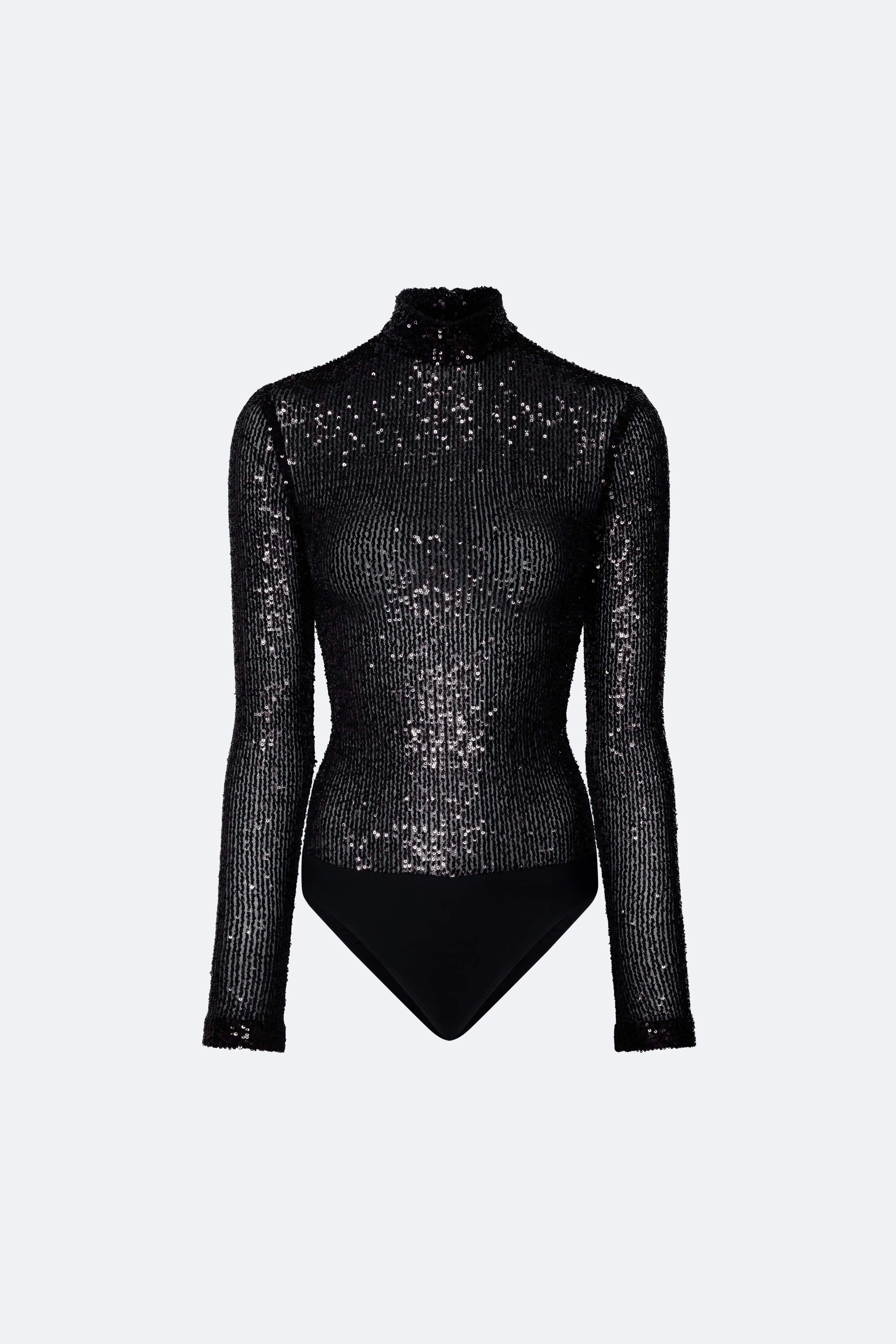 Mini Stretch Sequin Mock Neck Bodysuit - 1