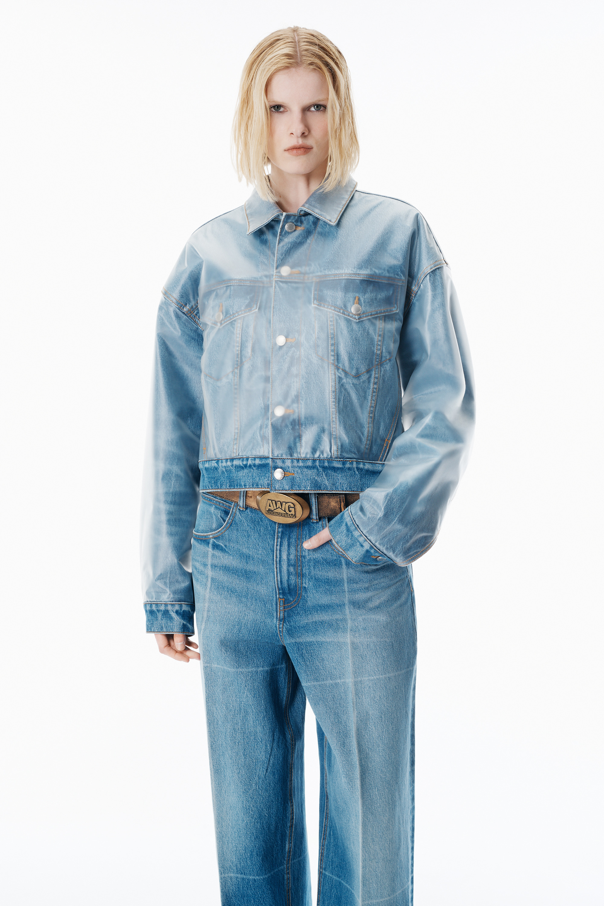 Vintage-Effect Marbled Blue Layered Trucker Jacket - 3