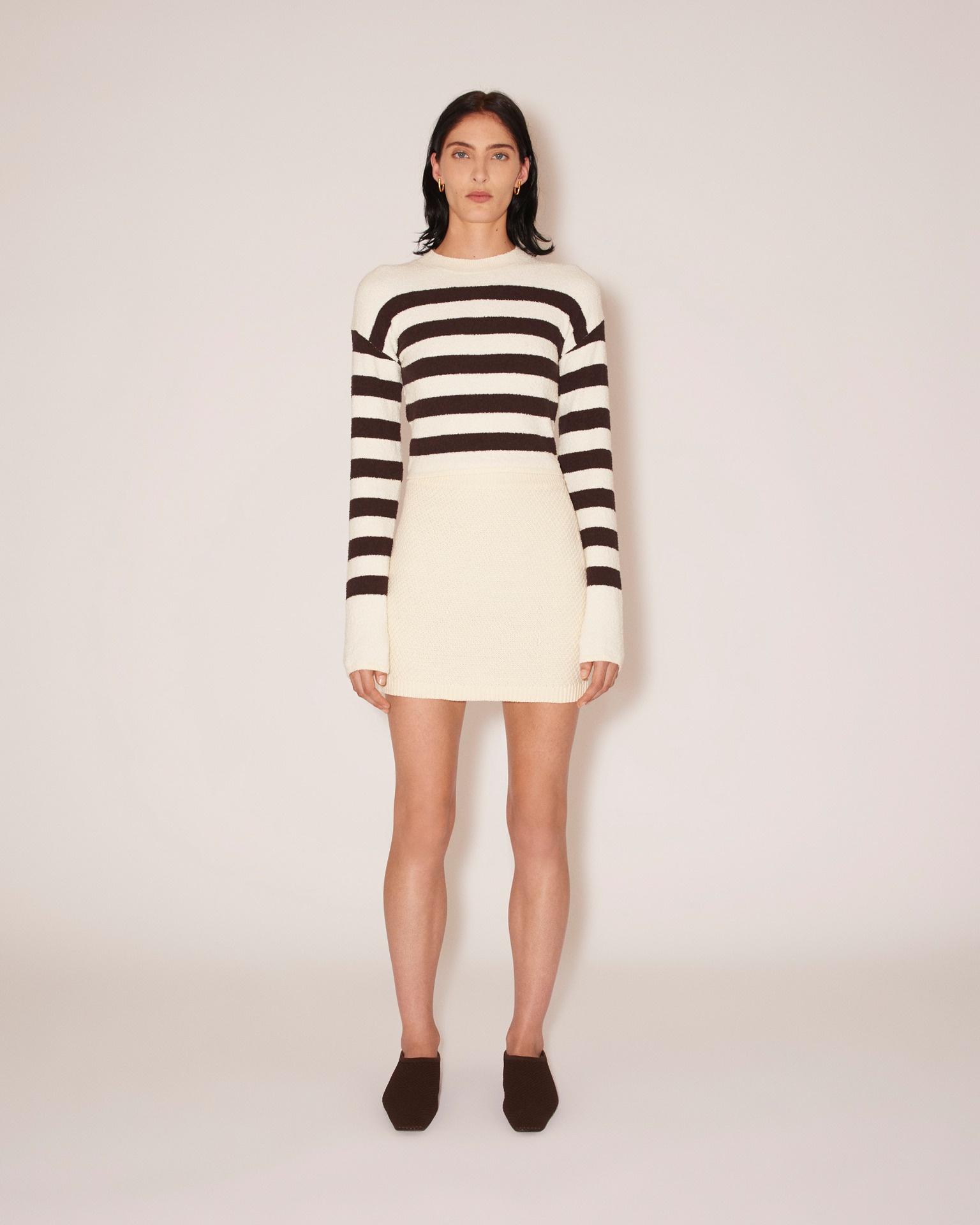 OKI - Terry-knit crew neck stripey sweater - Creme&Brown - 2