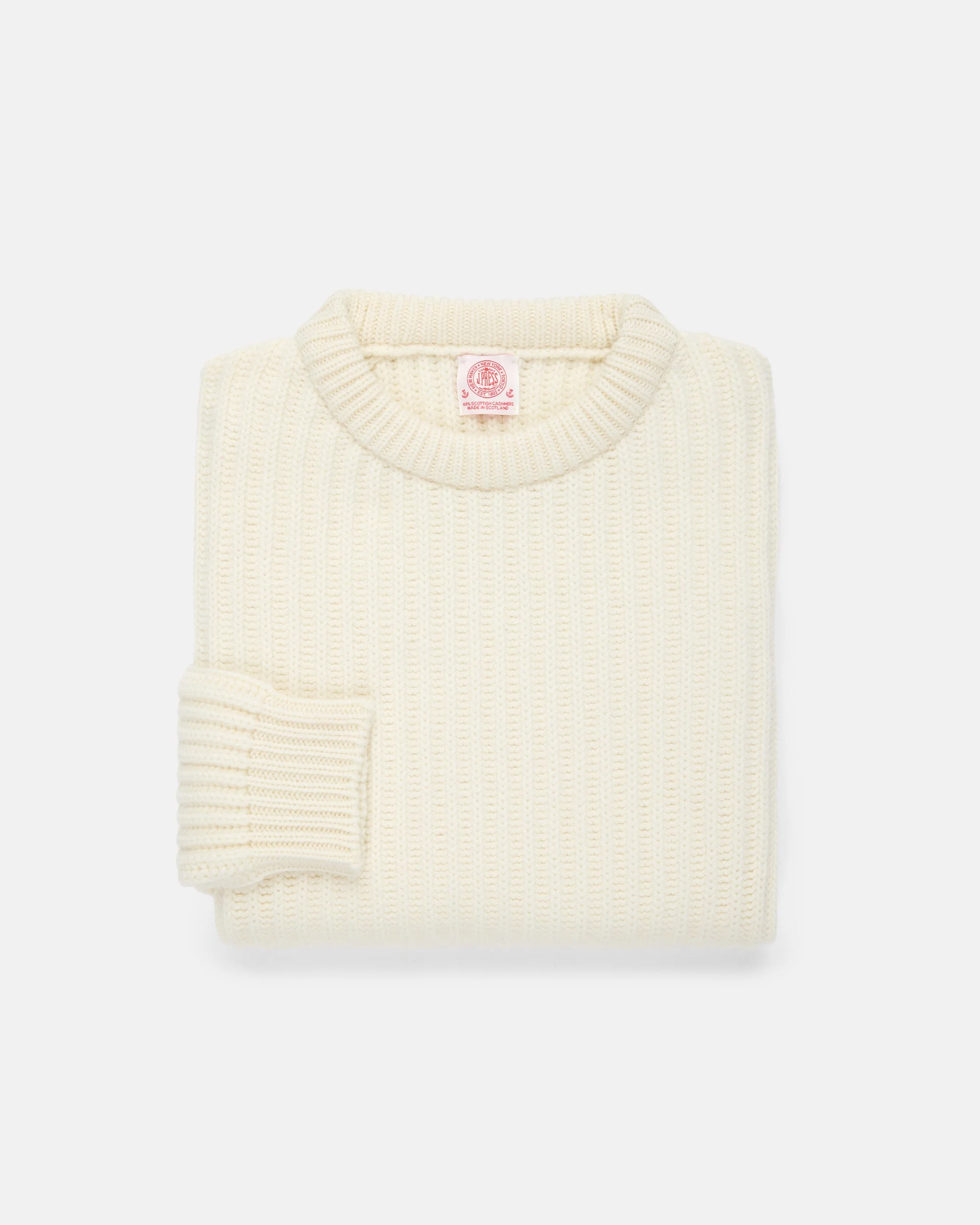 MADE-IN-SCOTLAND IVORY CASHMERE FISHERMAN RIB CREWNECK SWEATER - 1