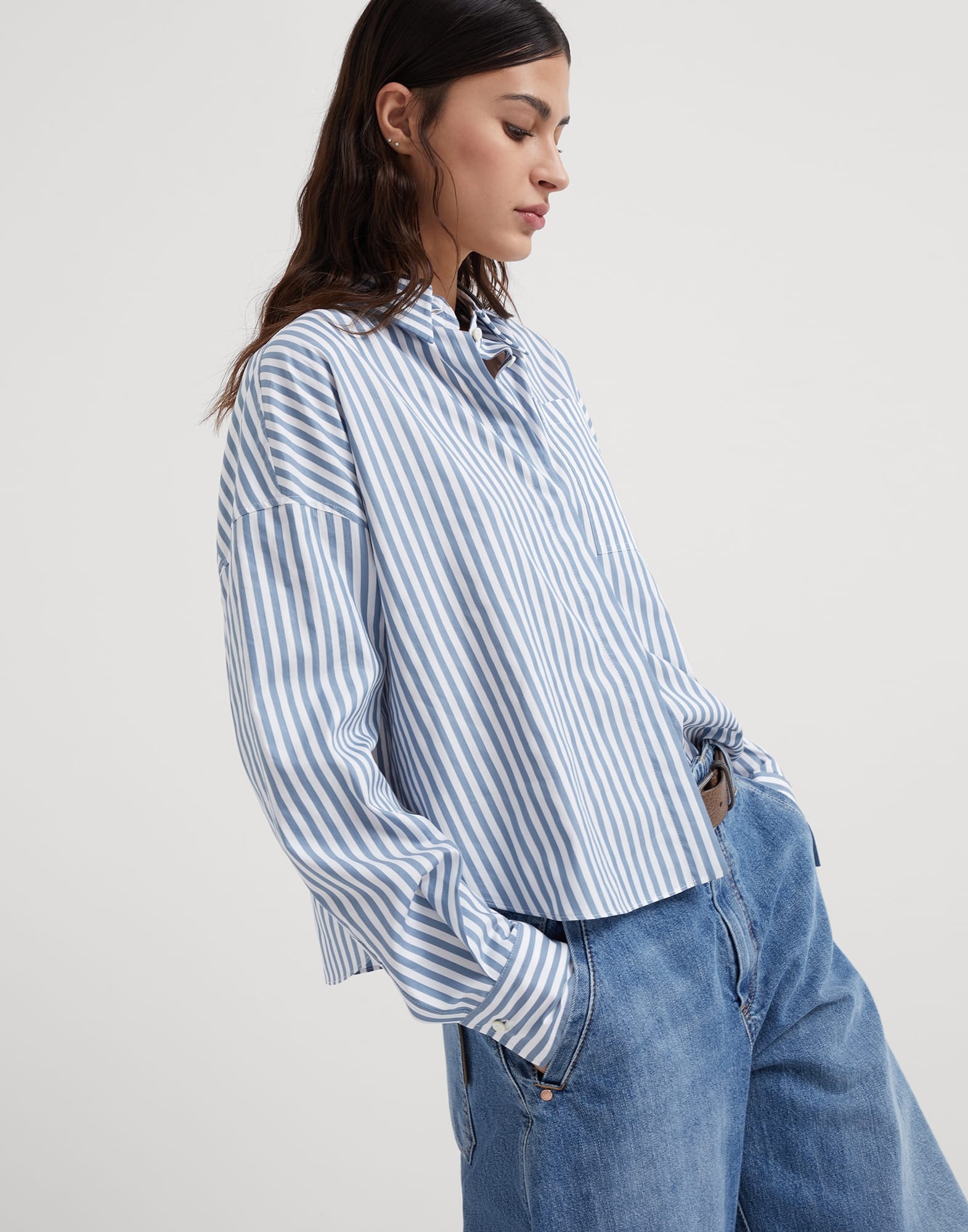 Cotton and silk striped poplin shirt with shiny collar - 4