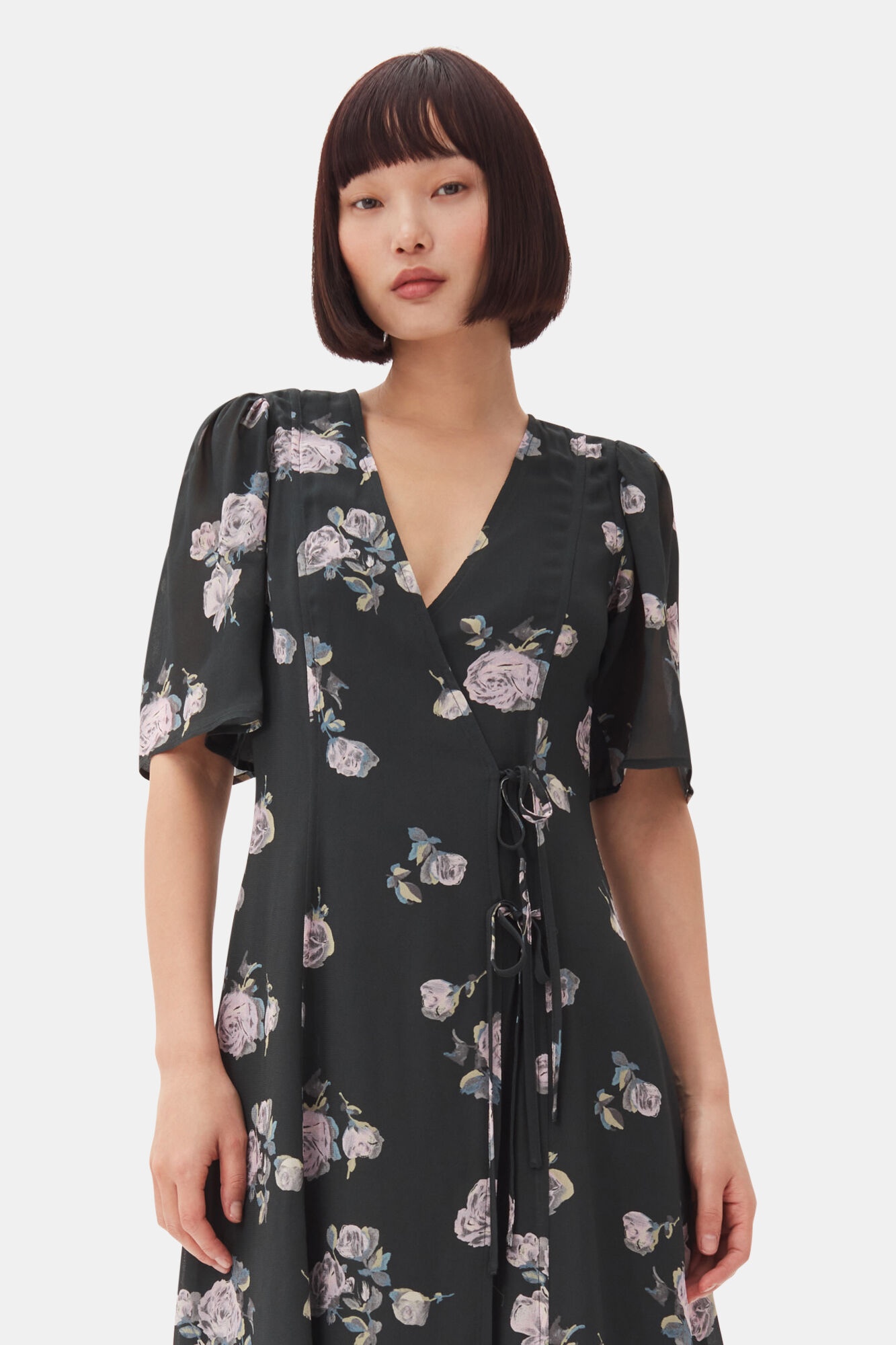 BLACK FLORAL CREPE WRAP MIDI DRESS - 3