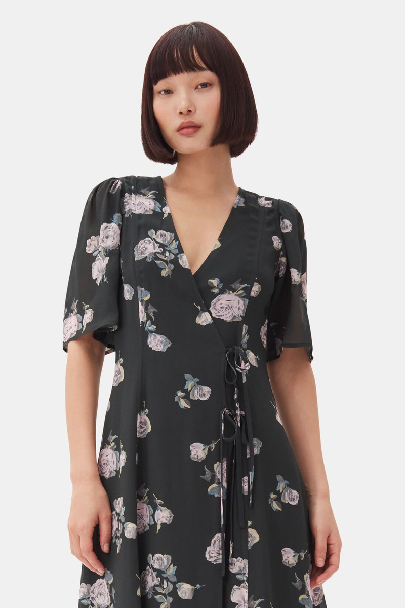 BLACK FLORAL CREPE WRAP MIDI DRESS 3
