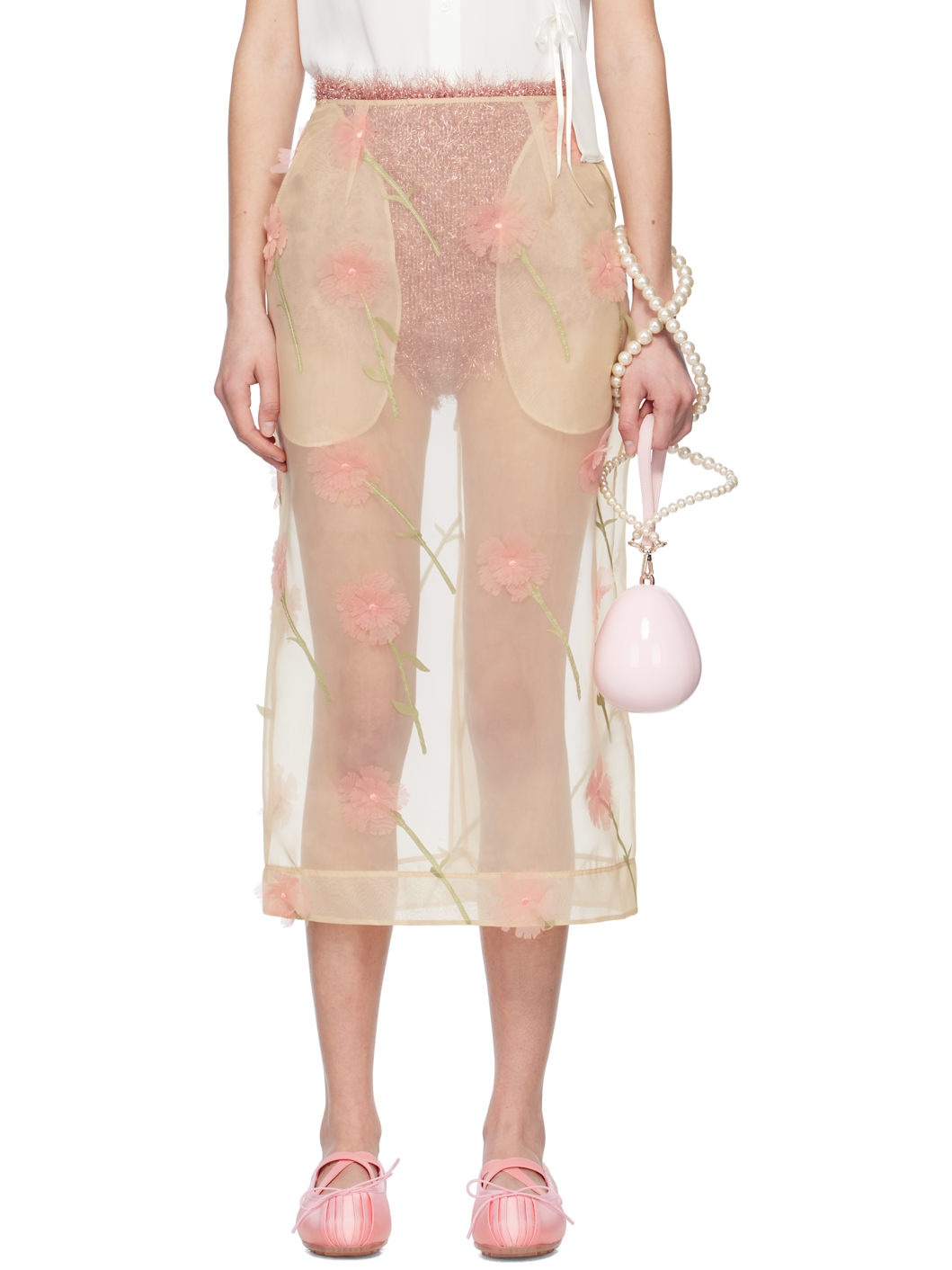 Beige Carnation Organza Pencil Midi Skirt - 1