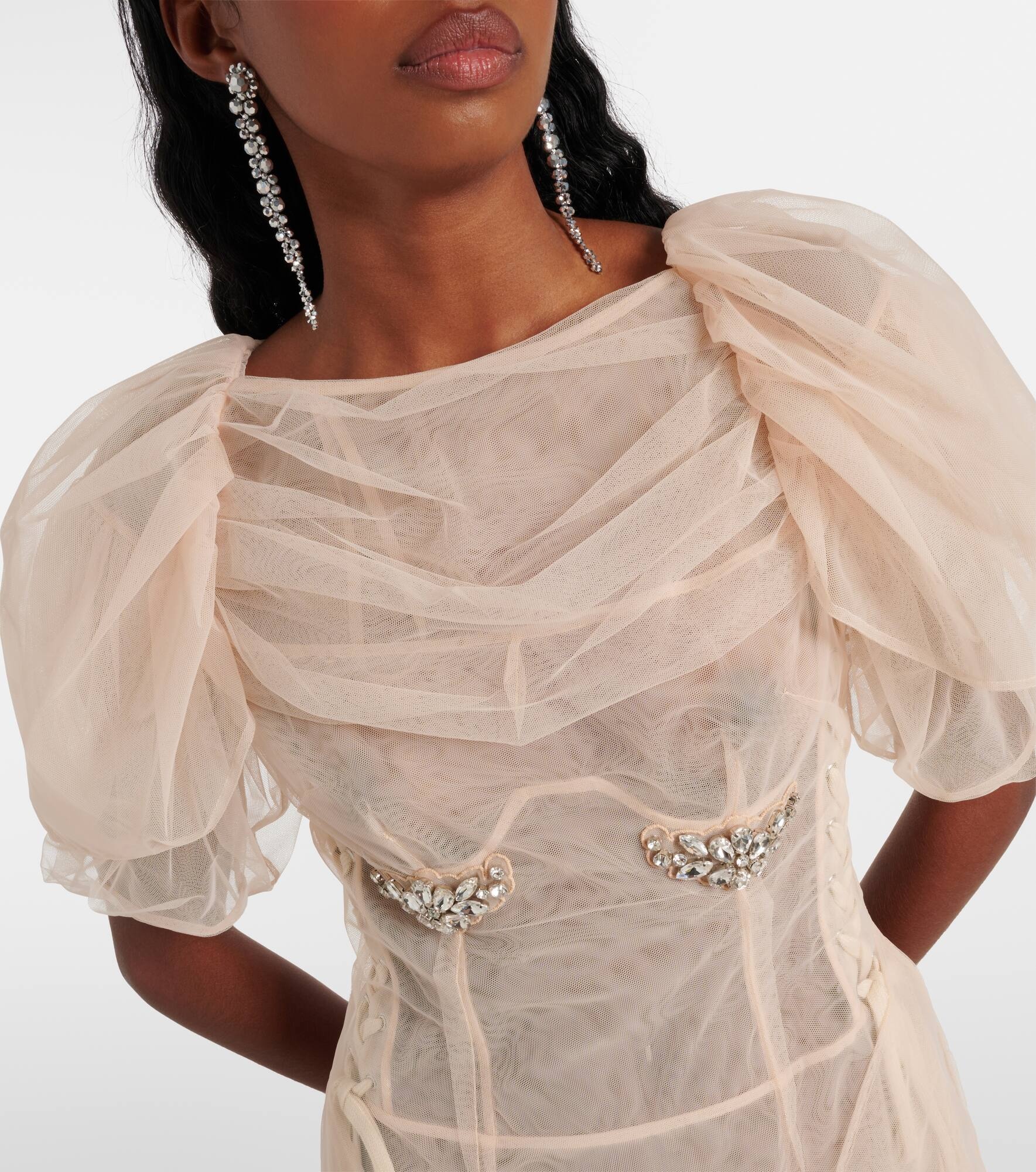 Embellished ruched mesh midi dress - 4